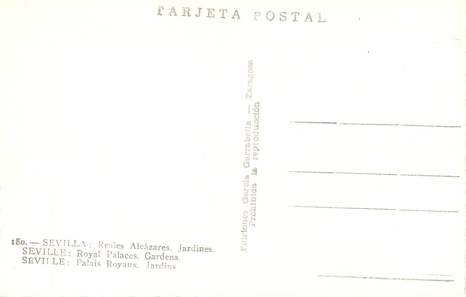 CPA Sevilla Reales Alcazares Jardines Seville Palais Royaux Jardins Ediciones Garcia Garabella Zaragoza Prohibida la rep — Verso