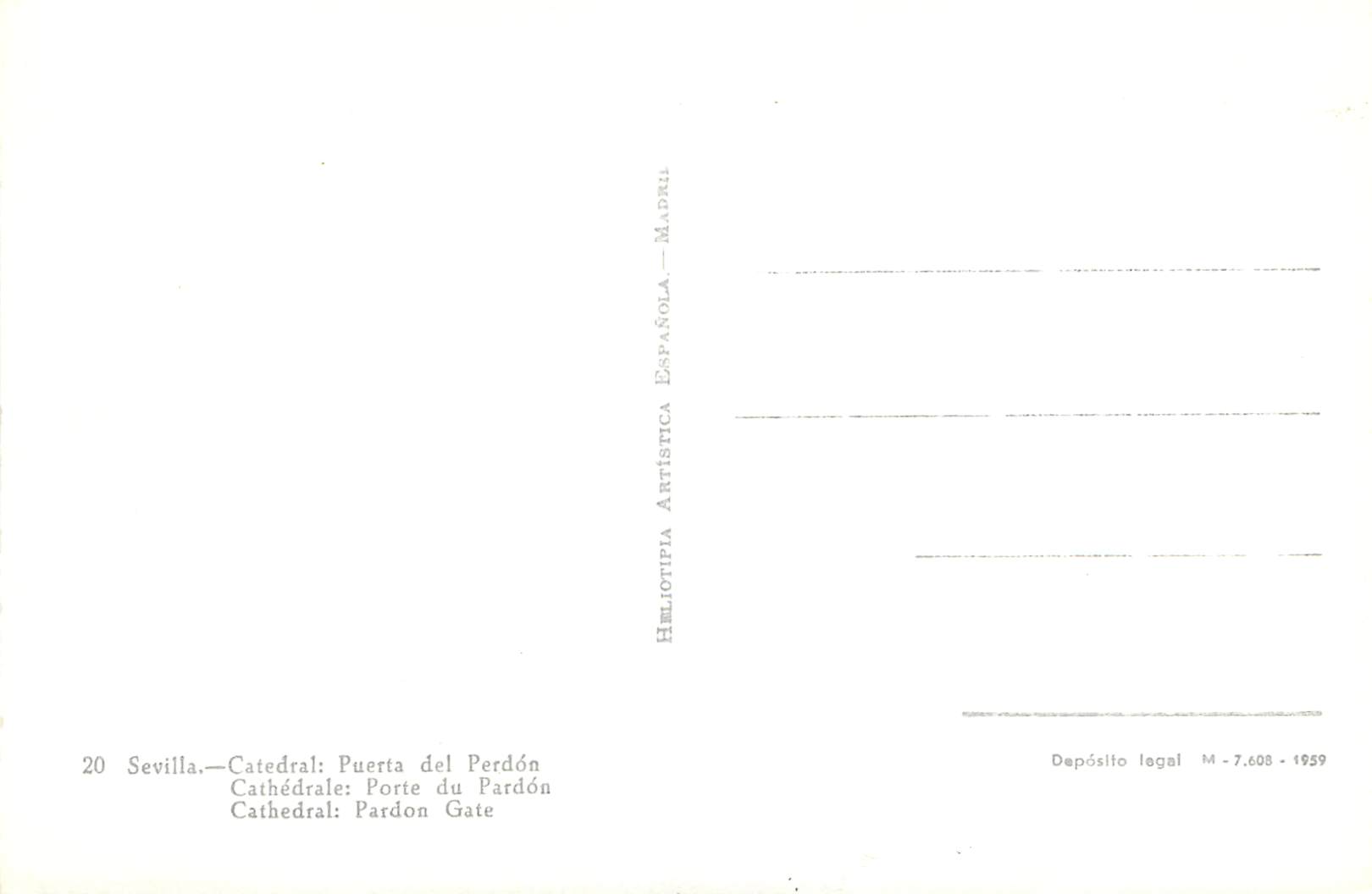 CPM Sevilla Catedral Puerta del Perdon Cathedrales Porte du Pardon Heliotipia Artistica Espanola Madrid Deposito legal — Rückseite