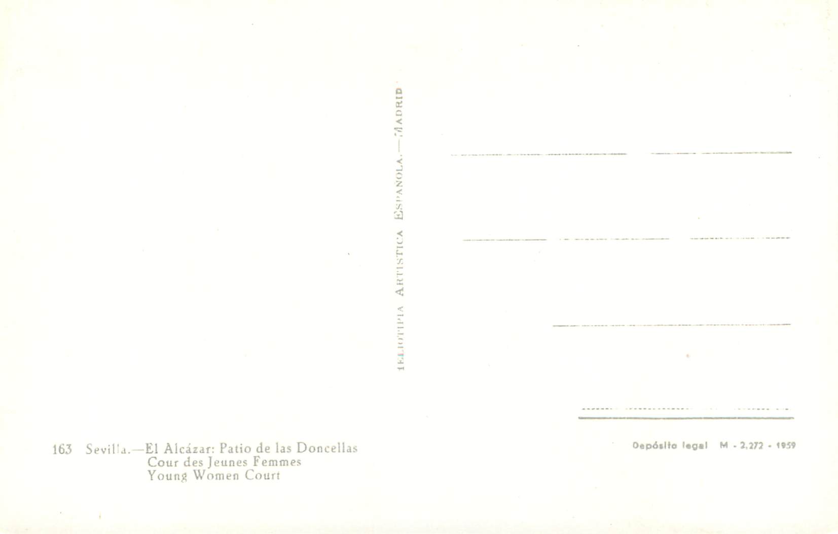 CPM Sevilla El Alcazar Patio de las Doncellas Cour des Jeunes Femmes Heliotipia Artistica Espanola Madrid Deposito legal — Rückseite