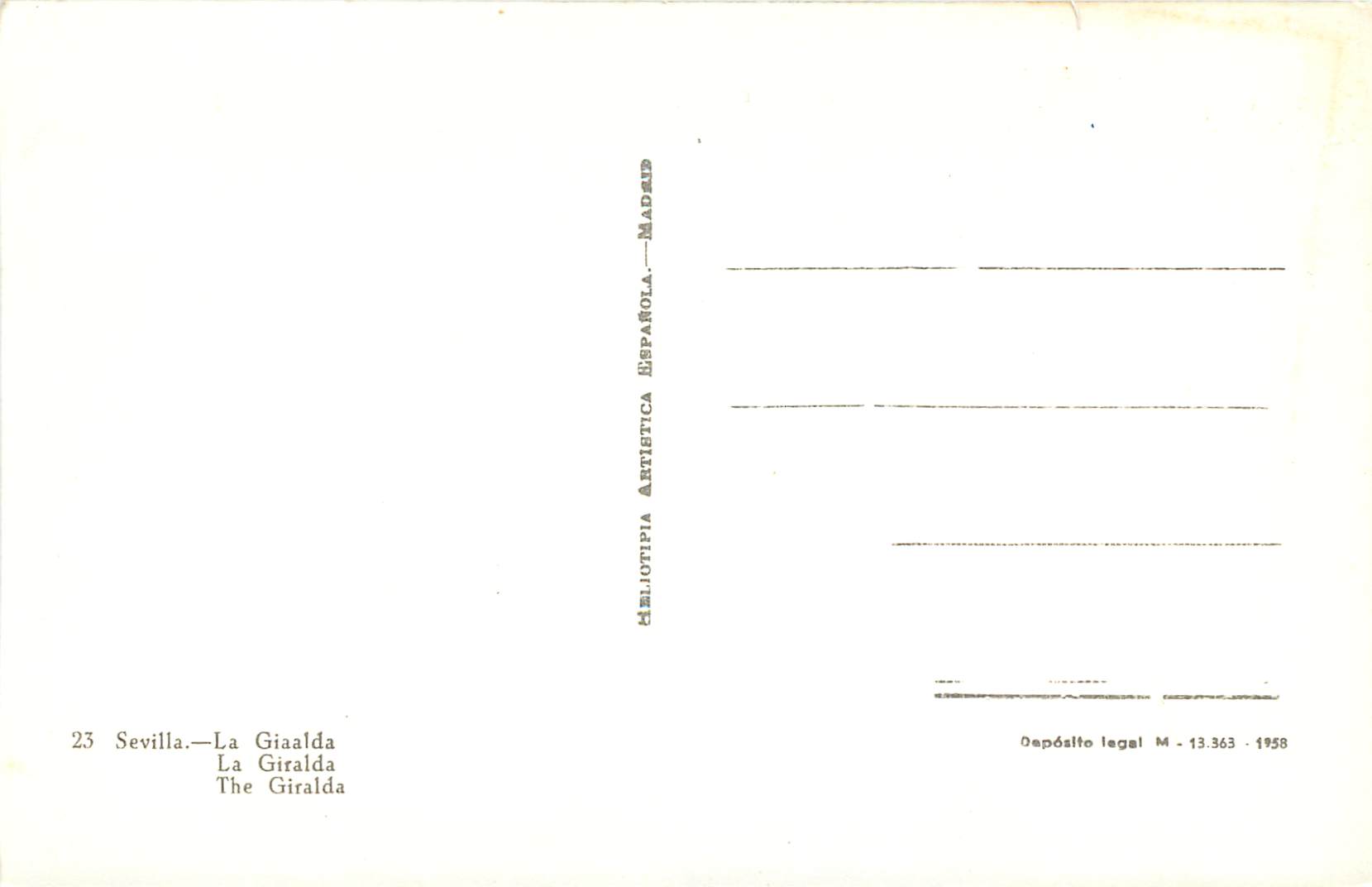 CPM Sevilla La Giaalda La Giralda Heliotipia Artistica Espanola Madrid Deposito legal — Rückseite