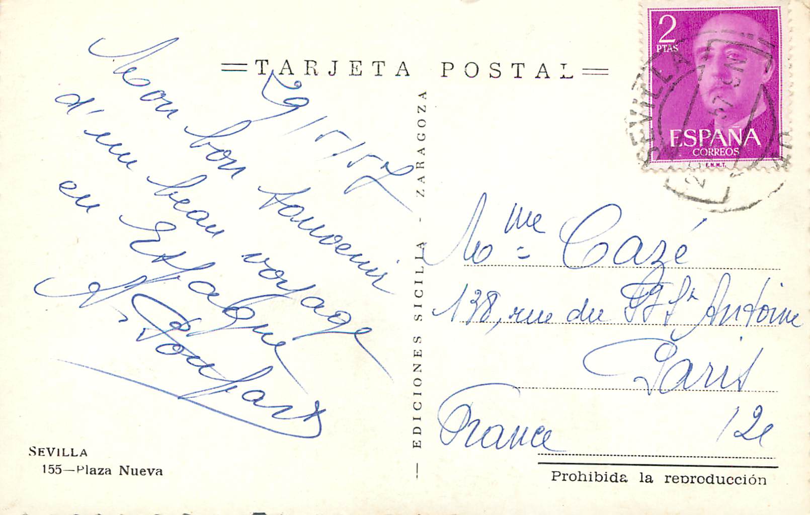CPM Sevilla Plaza Nueva Ediciones Sicilia Zaragoza Tarjeta Postal Prohibida la reproduccion — Rückseite
