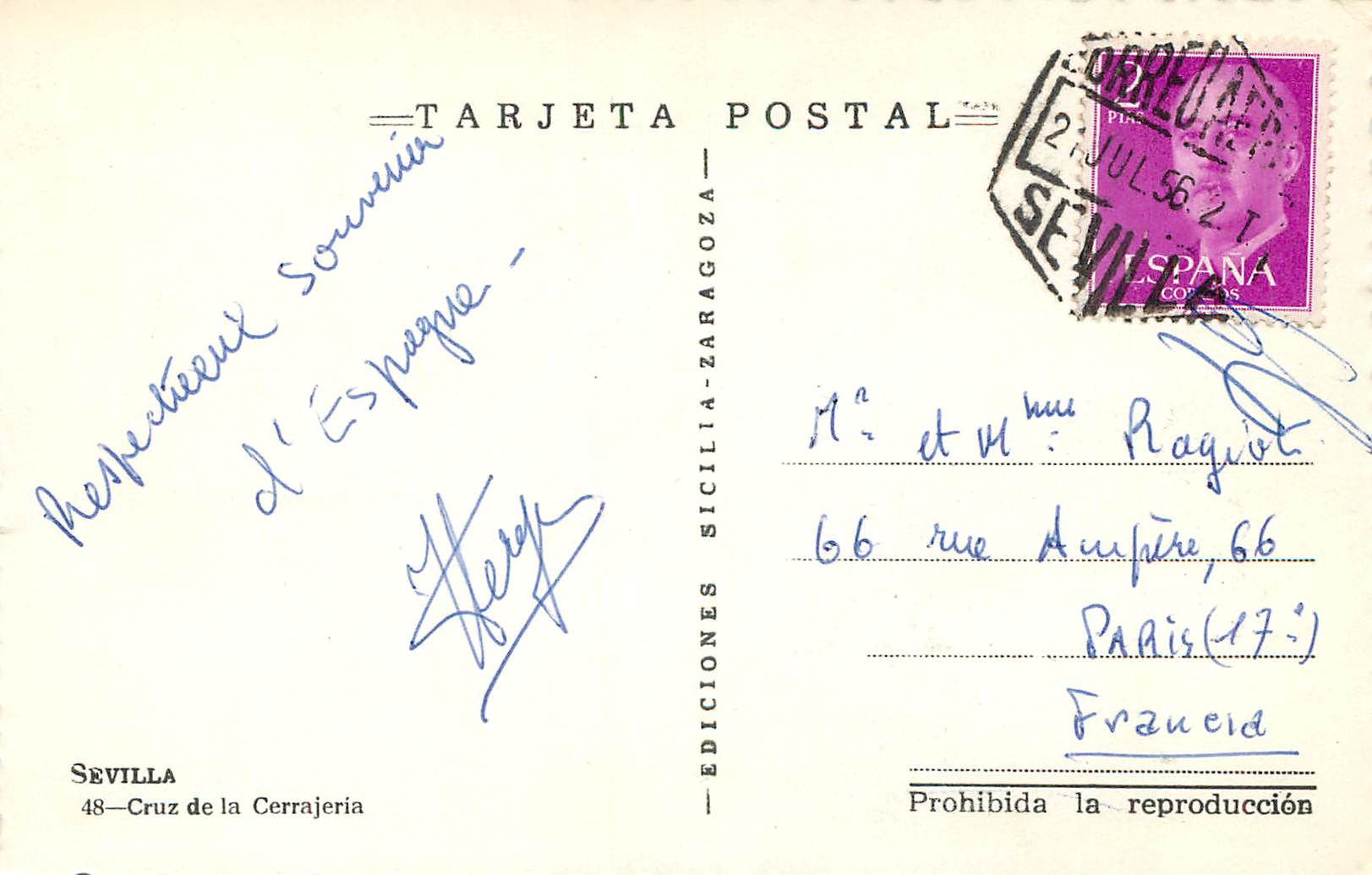 CPM Sevilla Cruz de la Cerrajeria Ediciones Sicilia Zaragoza Prohibida reproduccion Tarjeta Postal — Rückseite