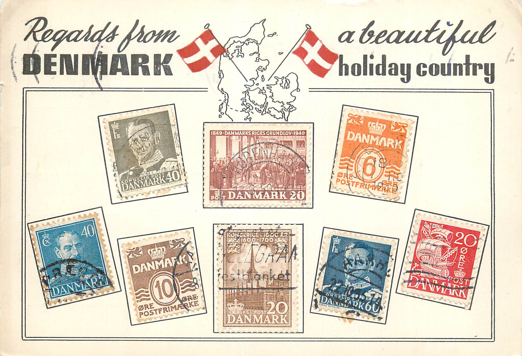 CPM Regards from Denmark a beautiful holiday country Timbres