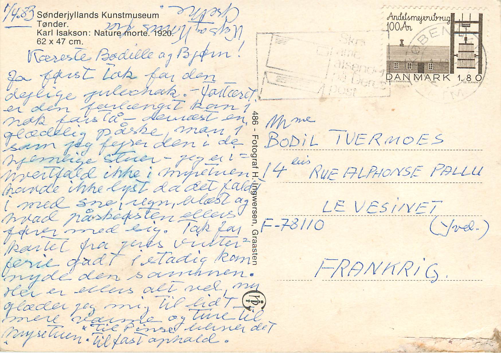 CPM Sonderjyllands Kunstmuseum Tonder Karl Isakson Nature morte — Verso