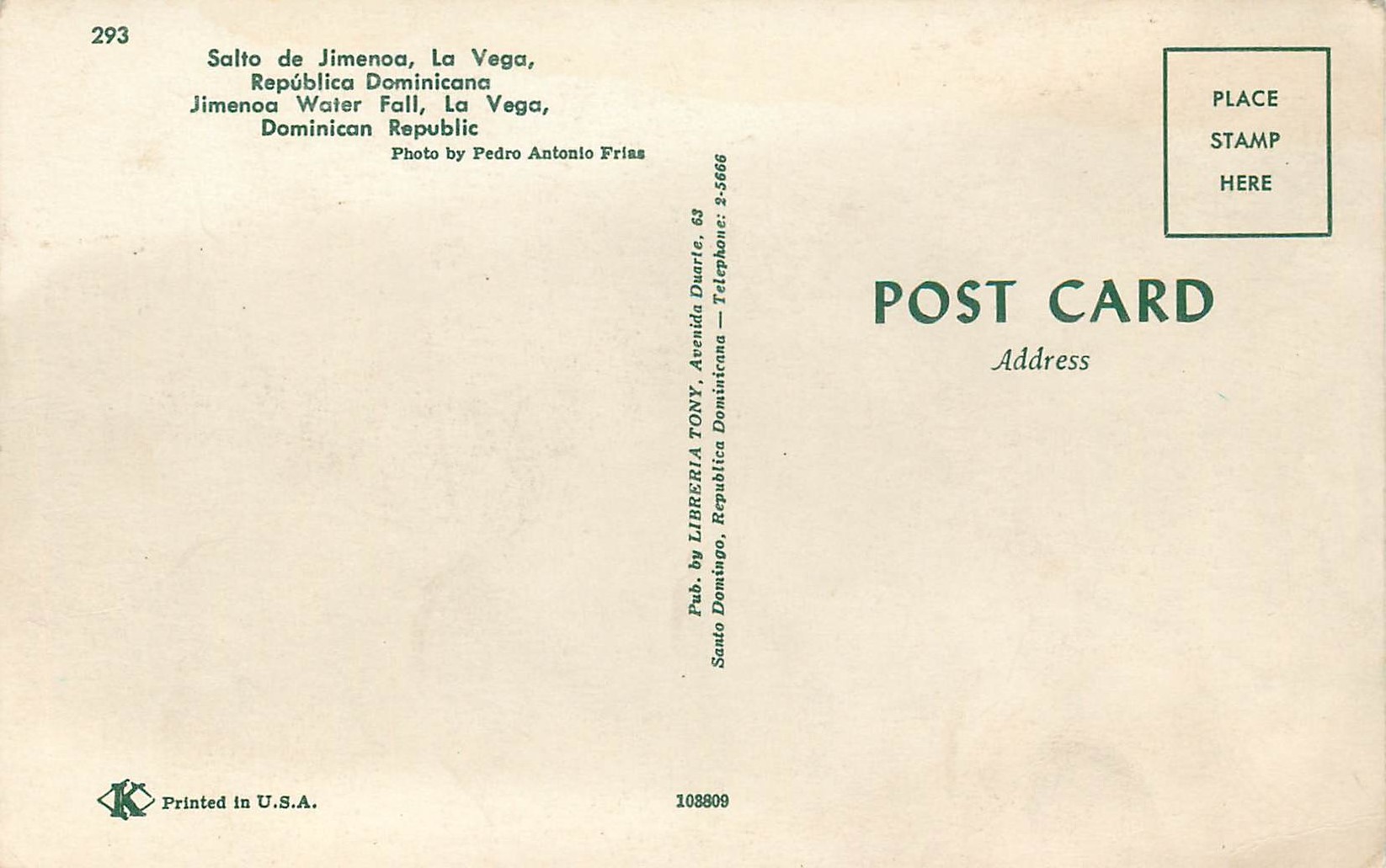 CPM Jimenoa Water Fall La Vega Dominican Republic — Verso