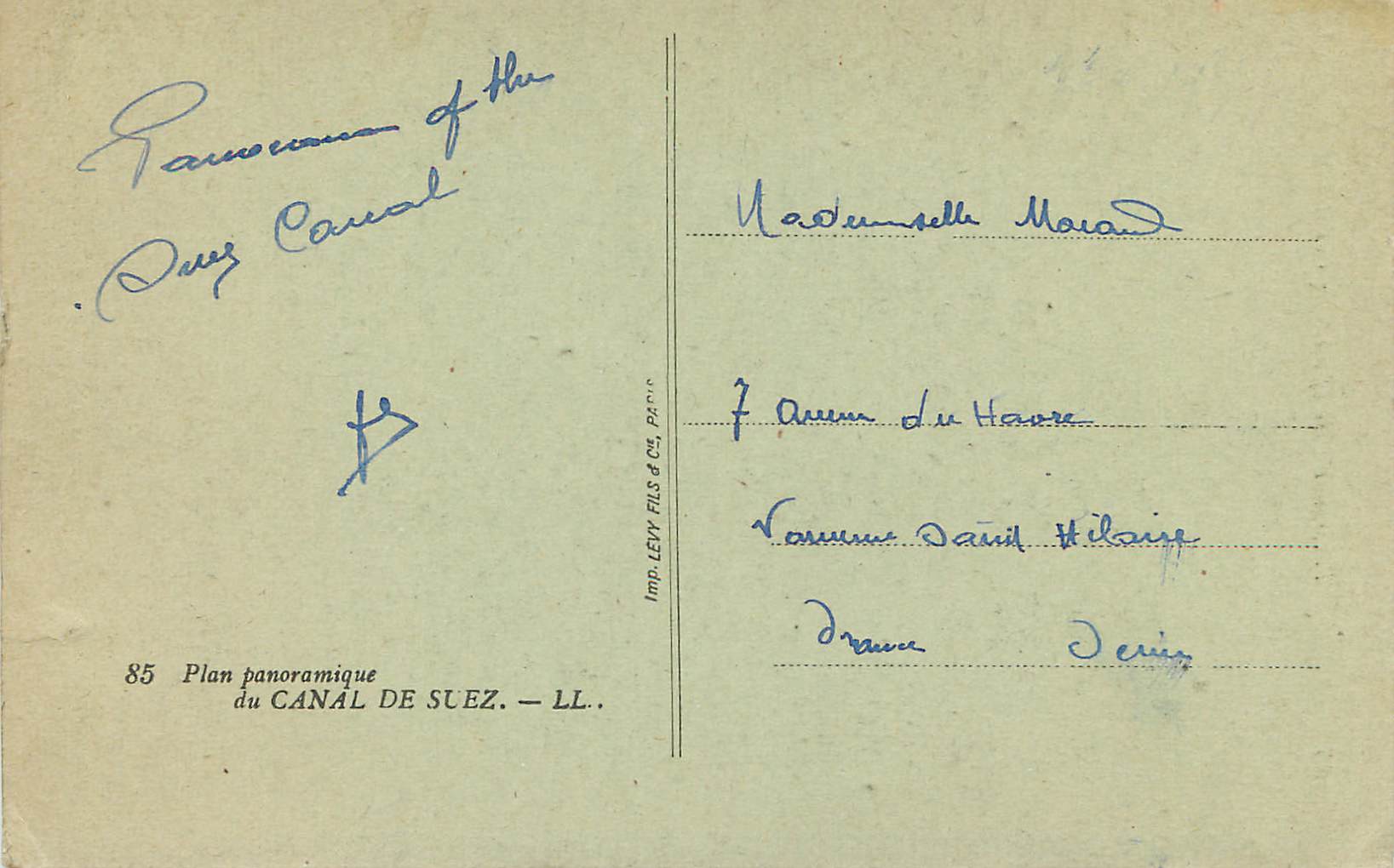 Plan panoramique du Canal de Suez — LL. — Imp. LEVY FILS & Cie, Paris — Rückseite