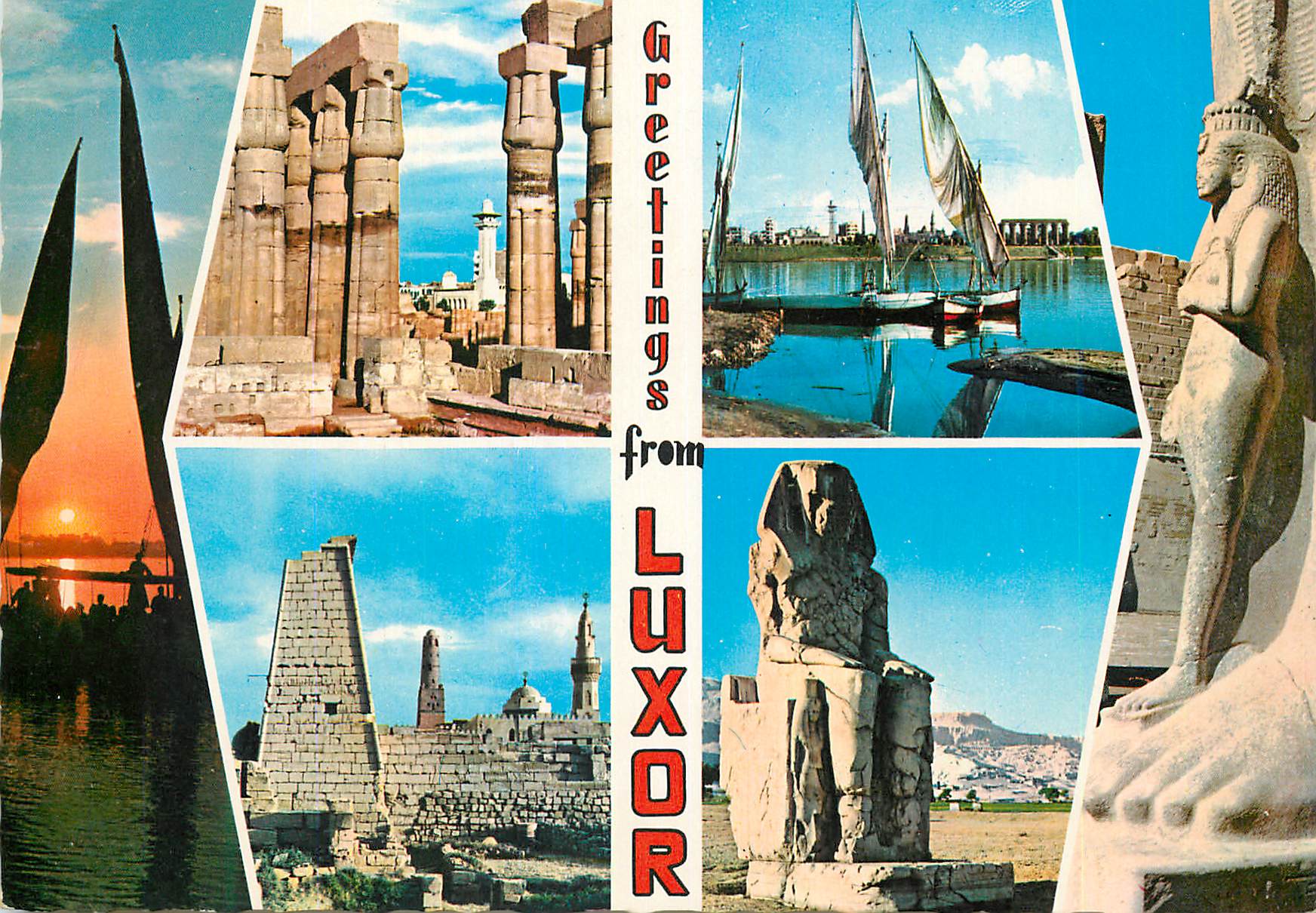 CPM Sunset on the Nile Papyrus Columns in Luxor Temple Luxor Temple and River Nile Karnak Amon Ra Temple with Statue of 