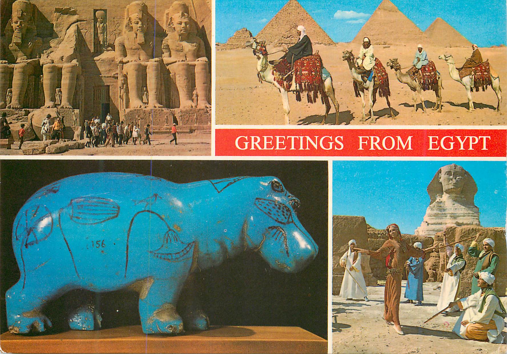 CPM Greetings from Egypt The four colossal statues of Ramses at the entrance of Abu Simbel Rock Temple Camel riders at T