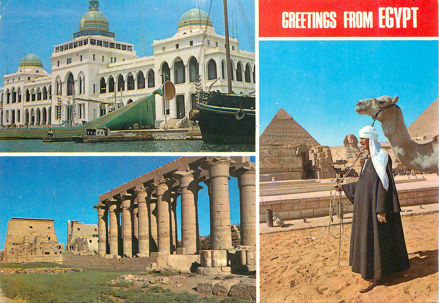 CPM Greetings from Egypt Port Said Suez Canal Administration building Camel rider at the Pyramid General view of Amun Te