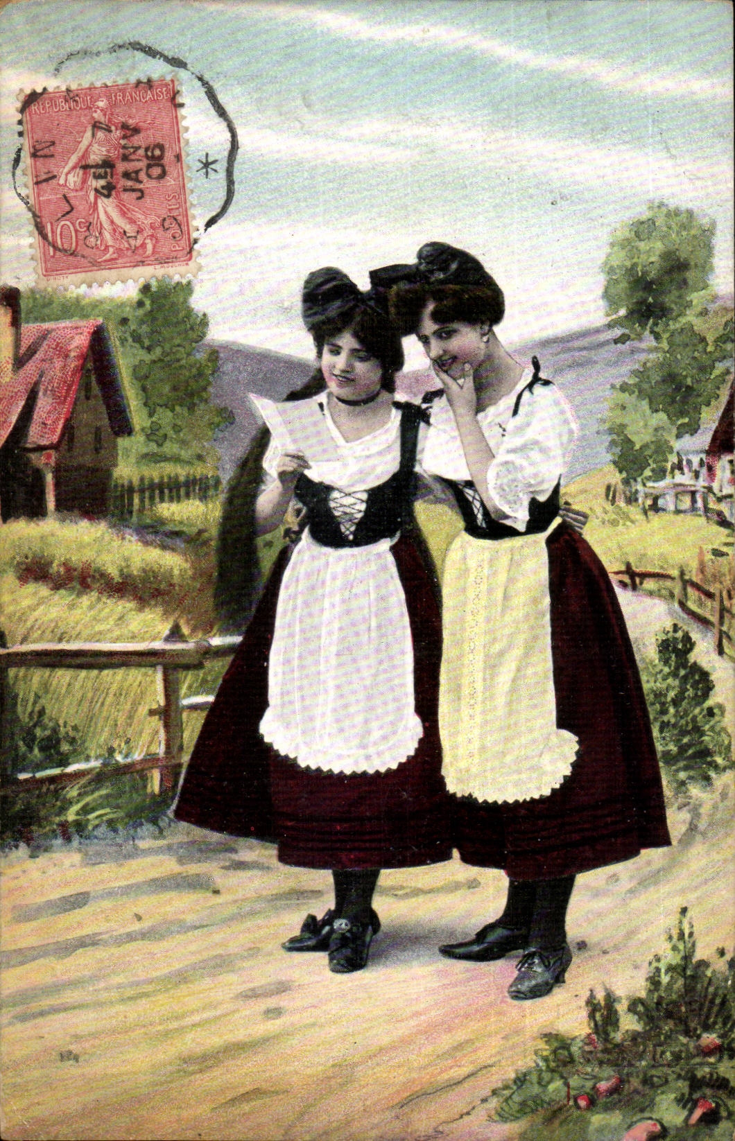 Deux jeunes femmes en costume traditionnel — scène champêtre — éditeur K.V.B. n° 800
