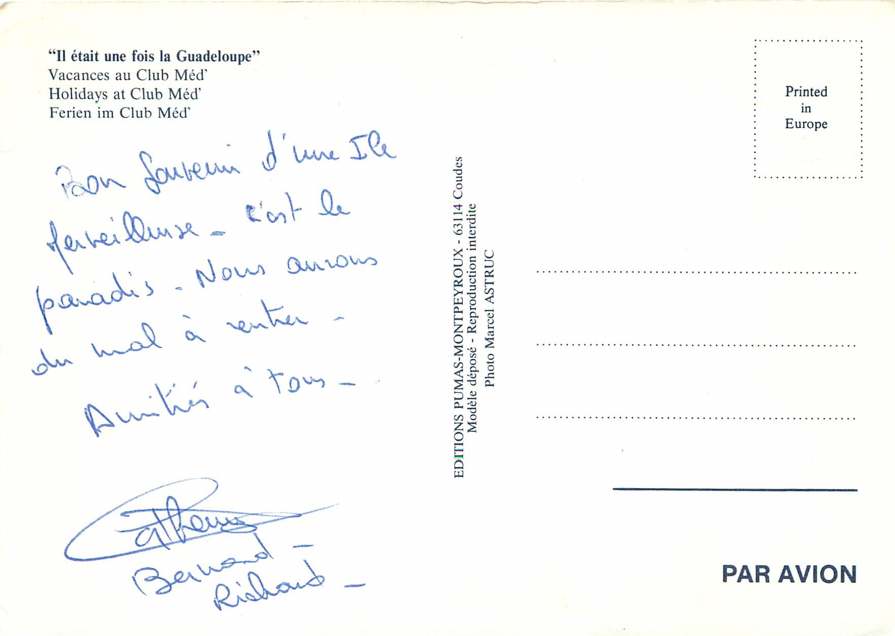 CPM Guadeloupe Il etait une fois la Guadeloupe Vancances au Club Med — Rückseite