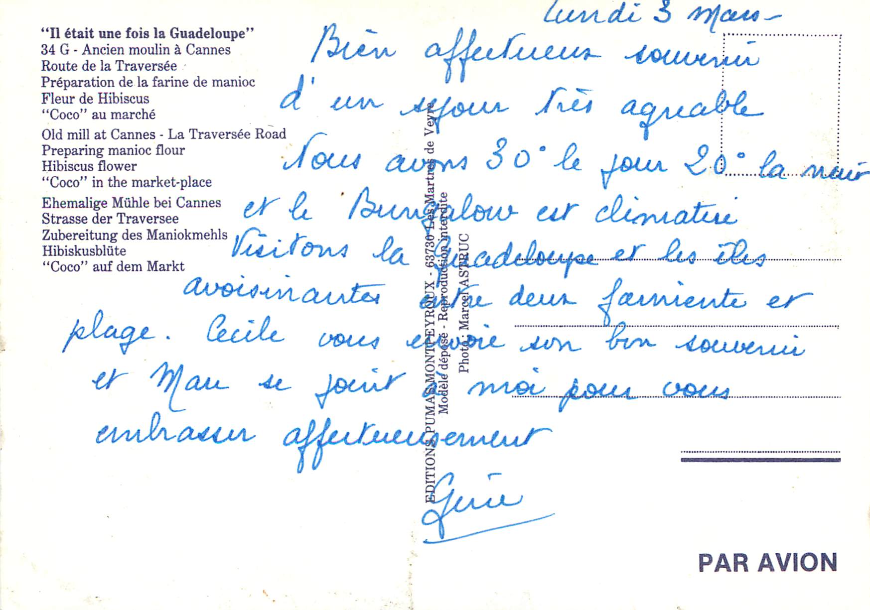 CPM Guadeloupe Il etat une fois la Guadeloupe Ancien moulin a Cannes Route de la Traversee — Rückseite