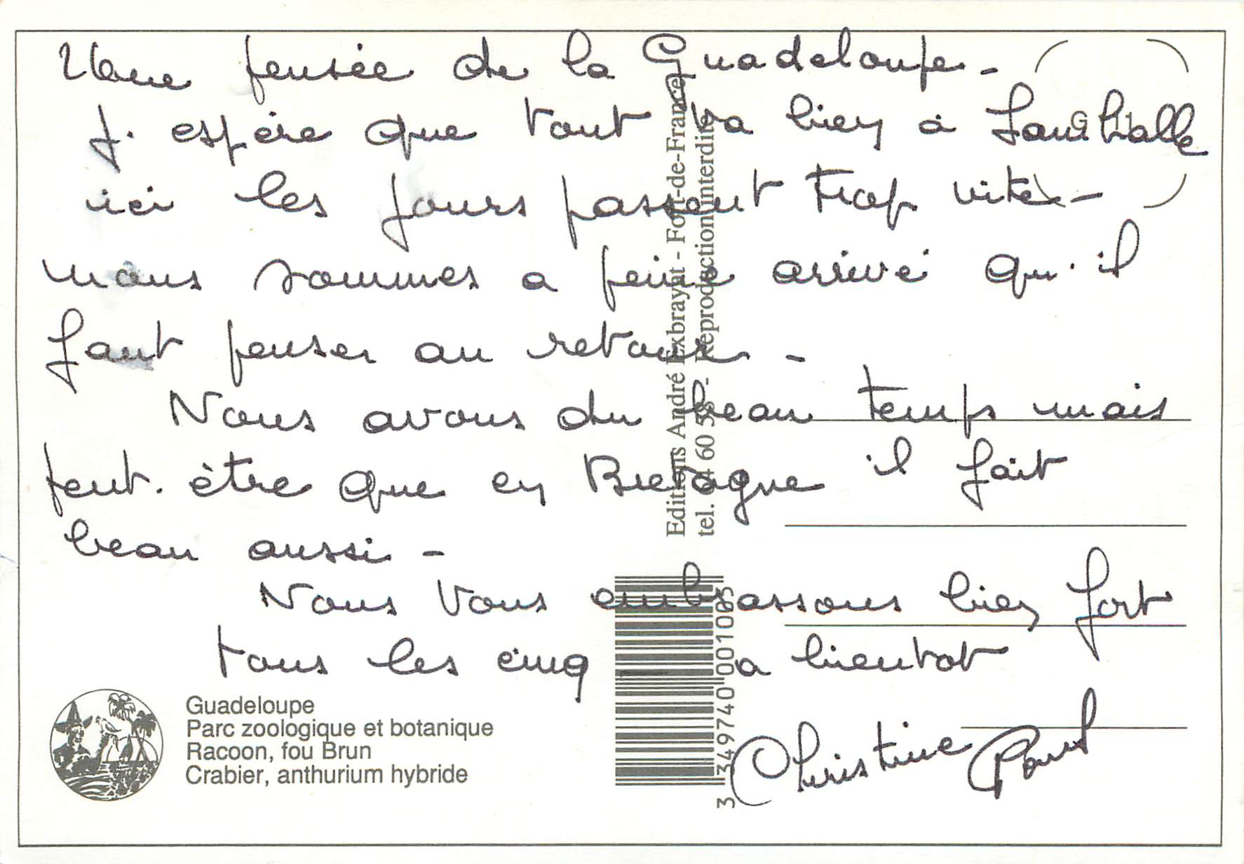 CPM Guadeloupe Parc zooligique et botanique Racoon fou Brun Crabier anthurium hybride — Back