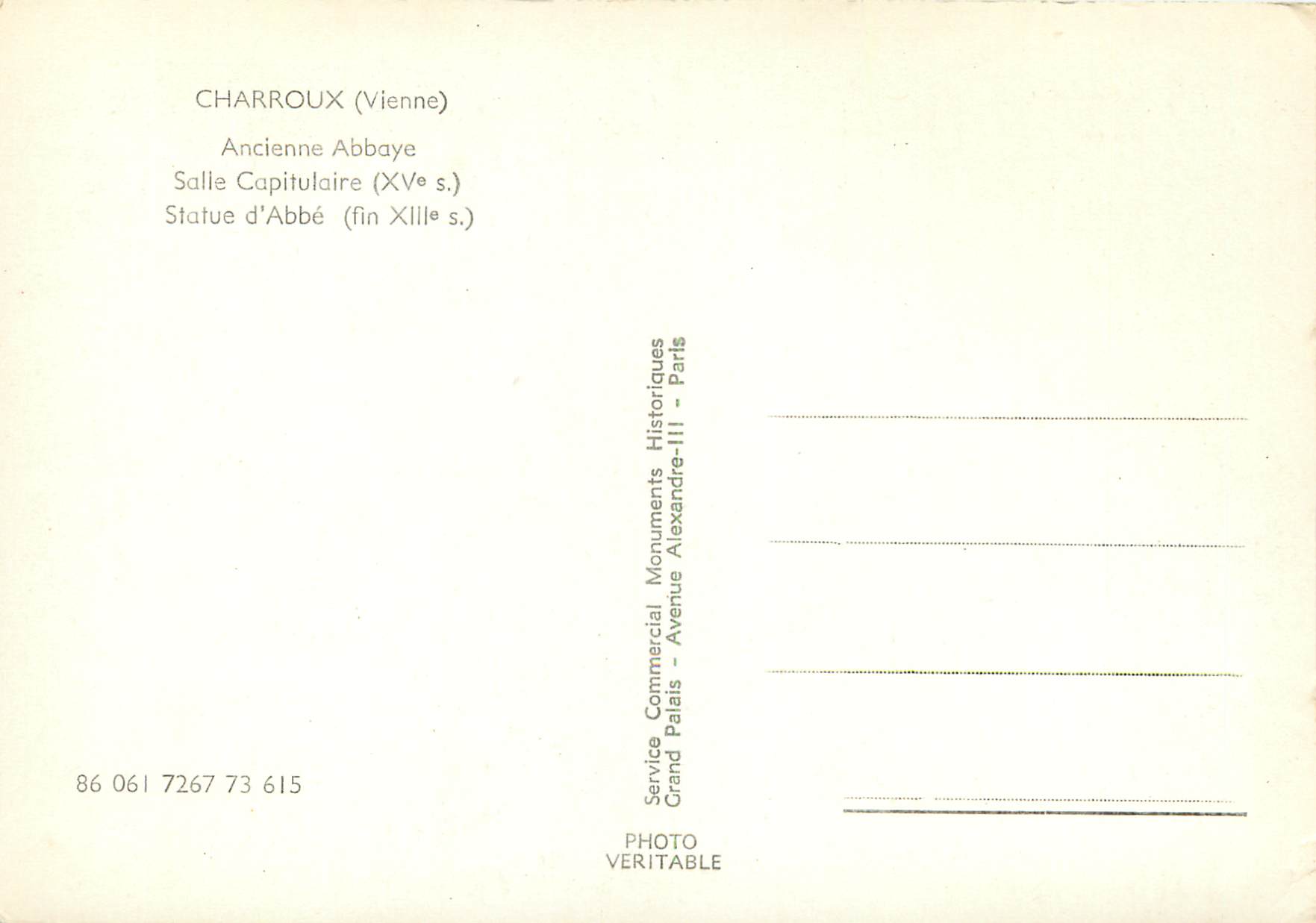 CPM Charroux Vienne Ancienne Abbaye Salle Capitulaire xv s Statue d Abbe fin xiii s — Back