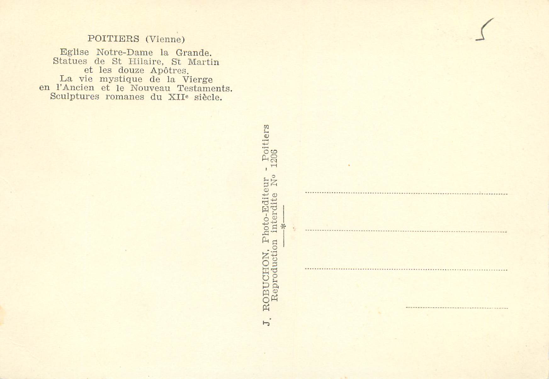 Poitiers (Vienne) — Église Notre-Dame la Grande, statues de Saint Hilaire, Saint Martin, la Vierge et les douze Apôtres — J. ROBUCHEON, Poitiers, N° 1208 — Verso