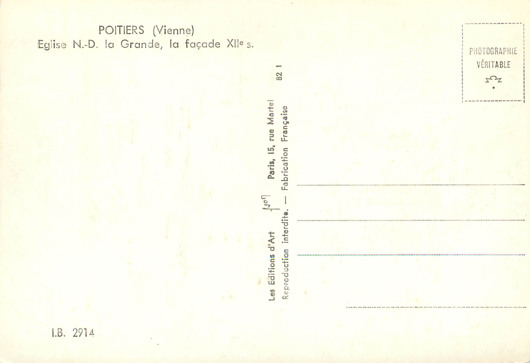 Poitiers (Vienne) — Église N.-D. la Grande, la façade Xlle s. — Éditions d'Art Martel — Verso
