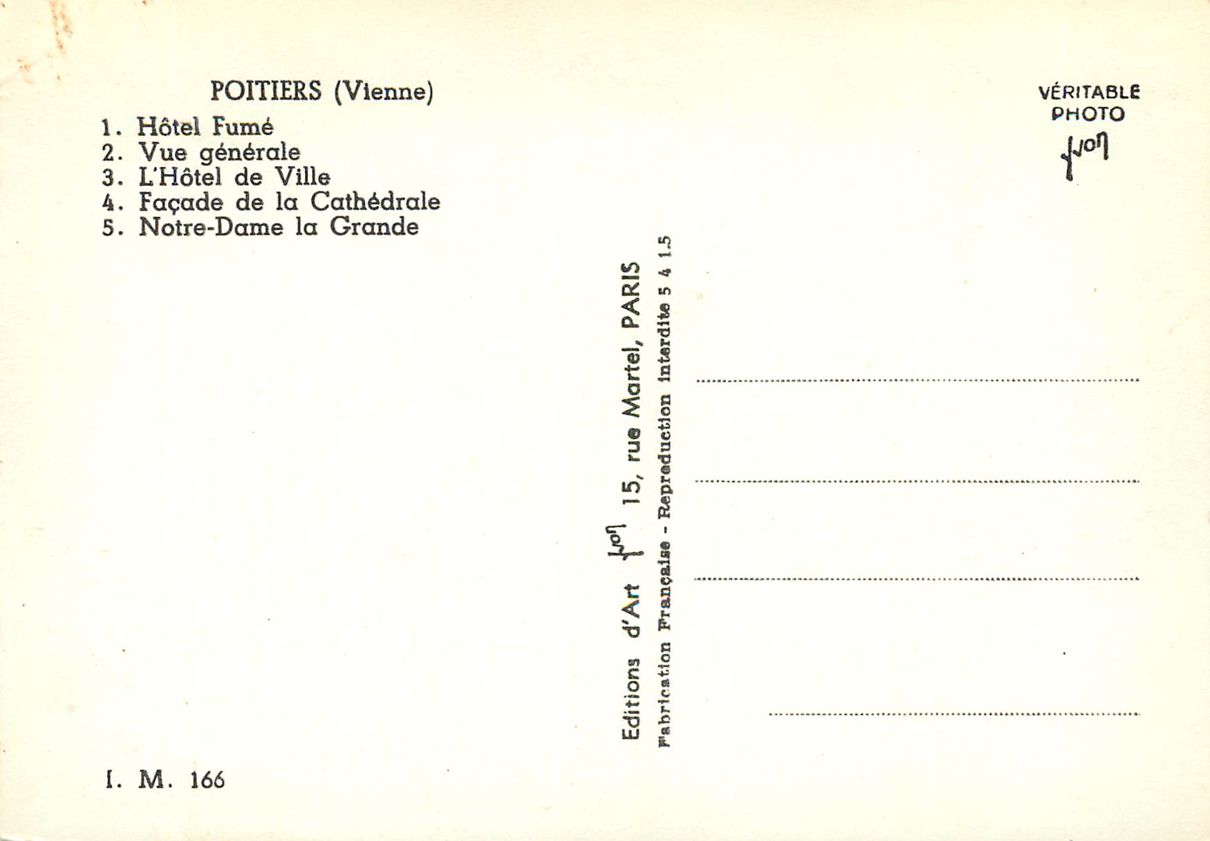 Poitiers — vue panoramique et monuments — Éditions d'Art Martel, Paris — Back