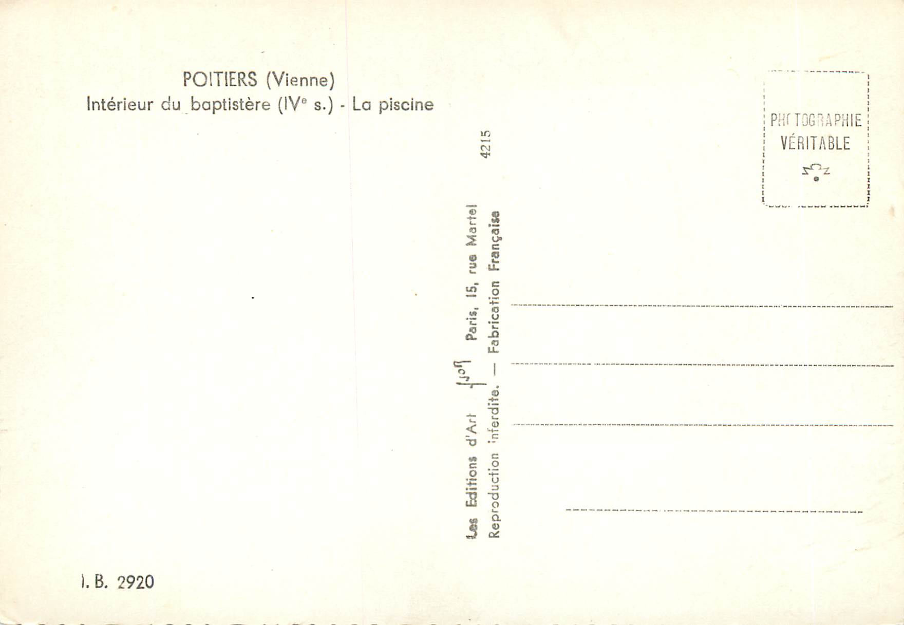 CPM Poitiers Vienne Interieur du Baptistere iv s La pische — Rückseite