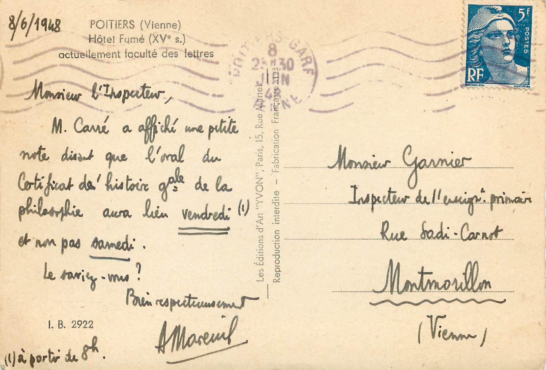 Hôtel Fumé — Poitiers — Les Éditions d'Art 'YVON' — Verso