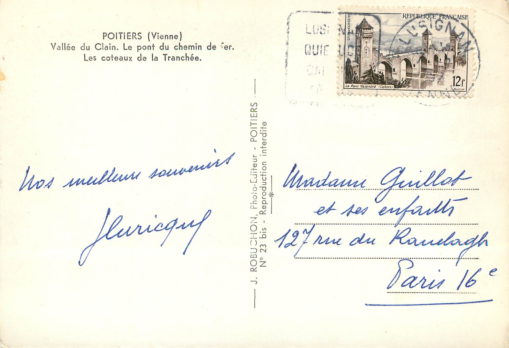 Vallée du Clain — Le pont du chemin de fer — Les coteaux de la Tranchée — J. ROBUCHEON, Poitiers, N° 23 bis — Verso