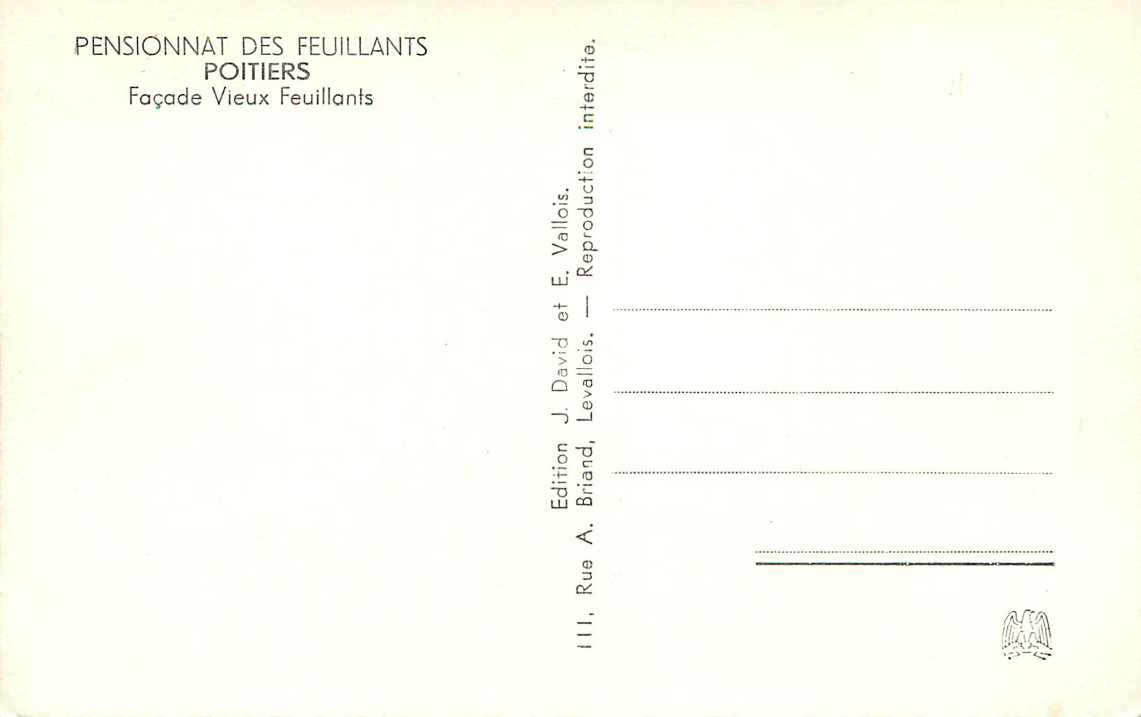 CPM Pensionnat des Feuillants Poitiers Facade Vieux Feuillants — Rückseite