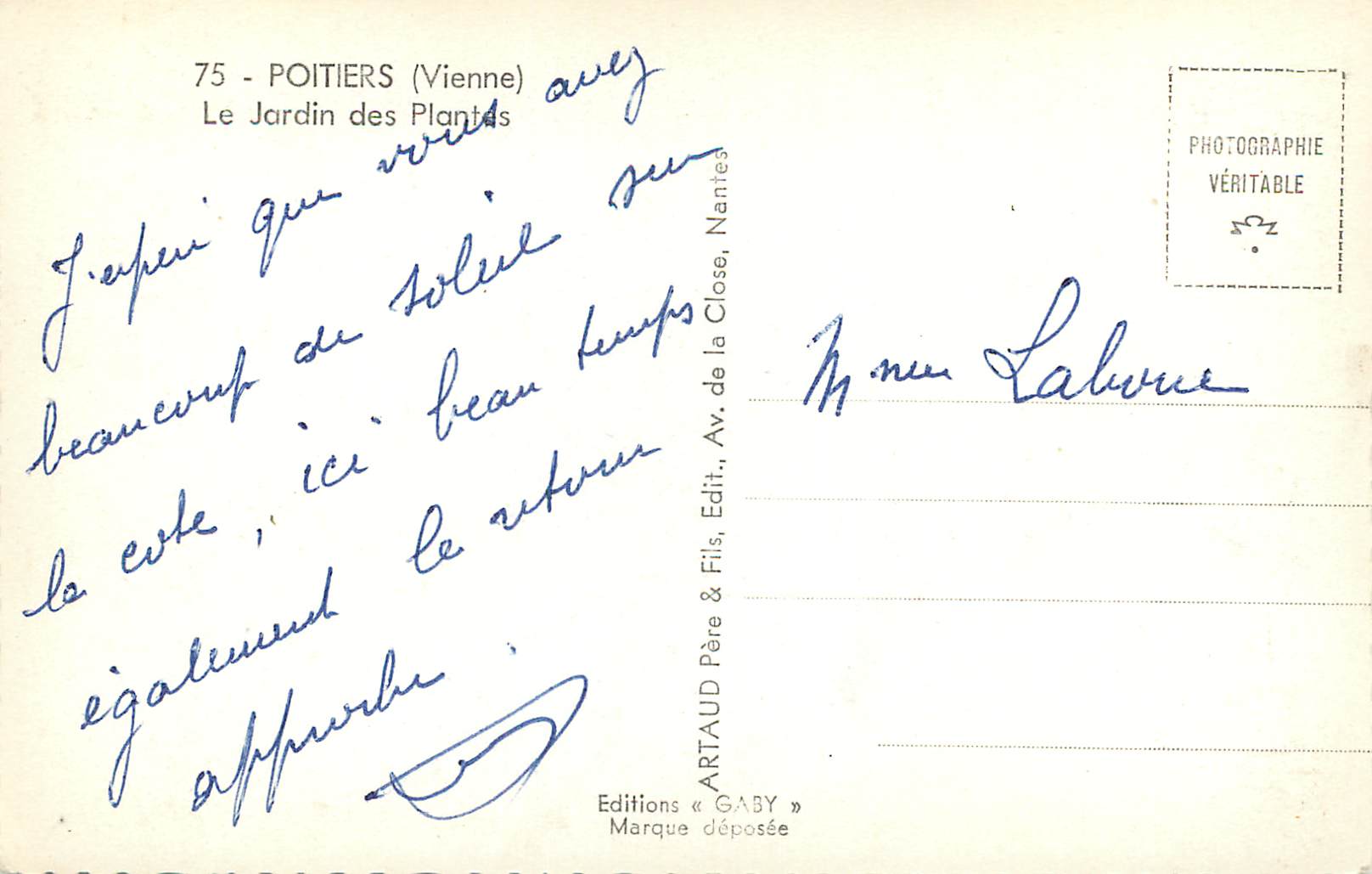 Le Jardin des Plantes — Poitiers (Vienne) — Éditions Gaby — Rückseite