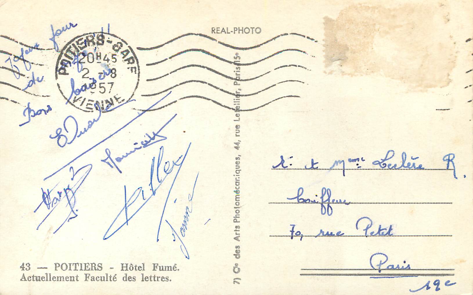 Hôtel Fumé — Poitiers — Cie des Arts Photomécaniques — Verso