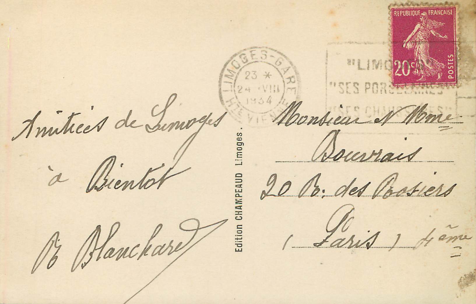 CPA Limoges Nouvelle Gare Limoges Benedictine — Rückseite