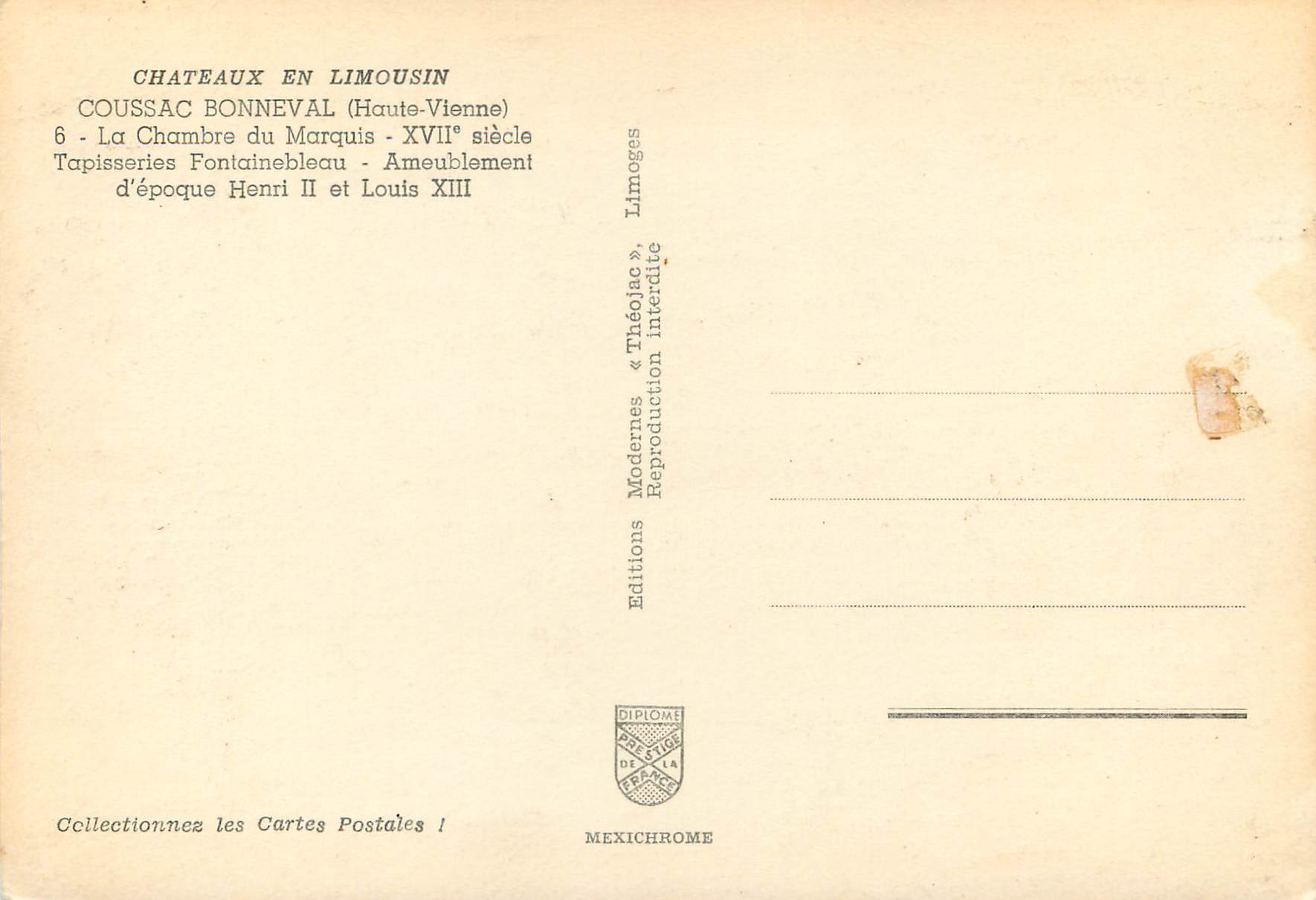 CPA Chateaux en Limousin Coussac Bonneval Haute Vienne La Chambre du Marquis xvii siecle Tapisseries Fontainebleau Ameub — Rückseite