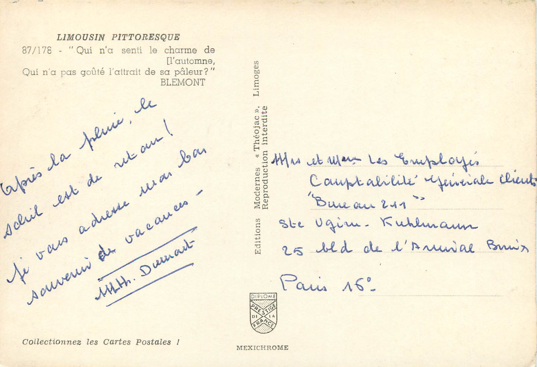 CPM Limousin Pittoresque Qui na senti le charme de l automme Qui n a pas goute l altrait de sa paleur Blemont — Rückseite