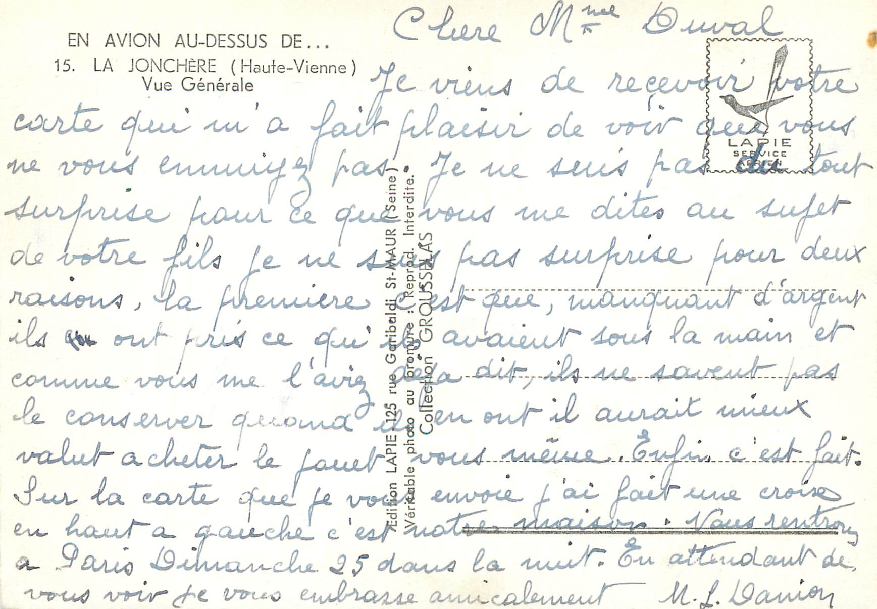 CPM Avion Au Dessus de La Jonchere Haute Vienne Vue Generale — Rückseite