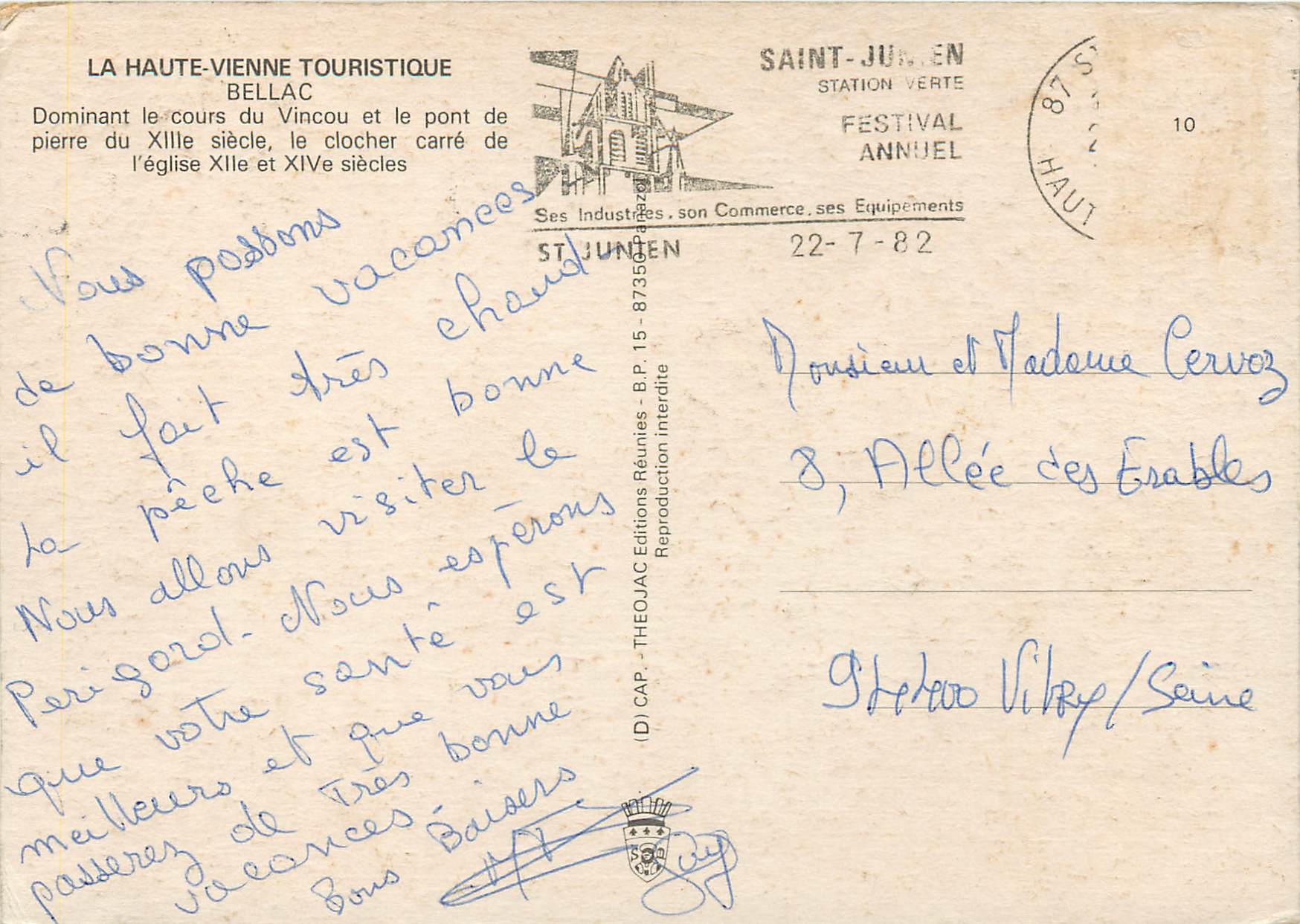 CPM Le Haute Vienne Touristique Bellac Dominant le cours du Vincou et le pont de pierre du siecle le cocher carre de l e — Rückseite