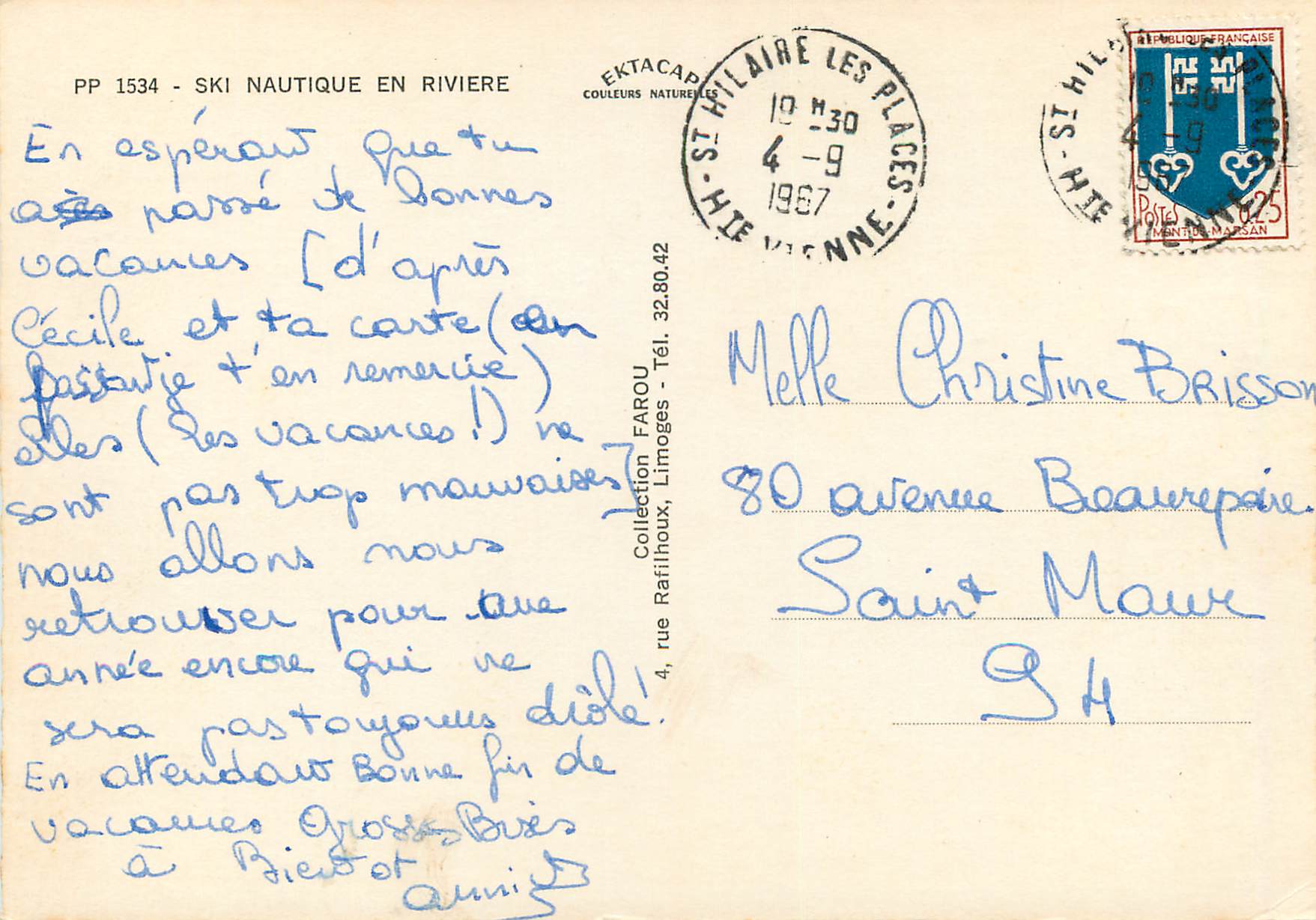 Ski nautique en rivière — PP 1534 — Éditeur Ektacap, collection Farou — Reverso