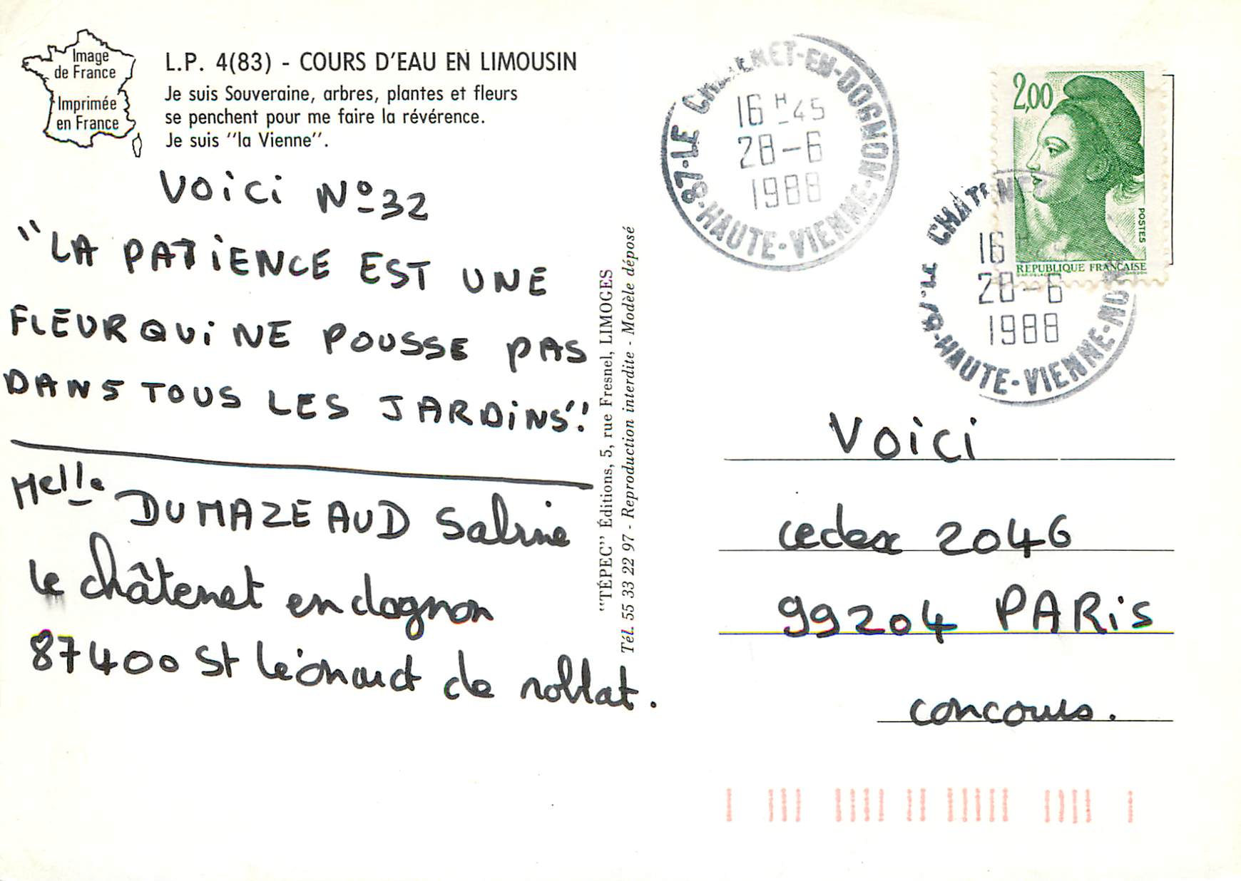 CPM Le Limousin Pittoresque Cours d eau en Limousin Je suis Souveraine arbres plantes et fleurs se penchent pour me fair — Rückseite