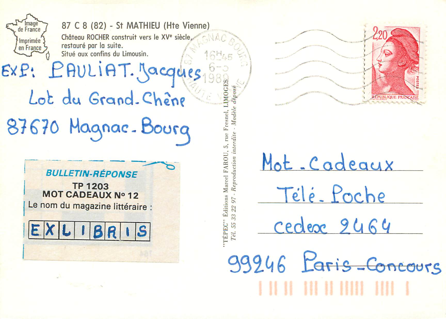 CPM Chateau Rocher St Mathieu Hte Vienne Chateau Rocher construit vers le xv siecle restoure par la suite — Rückseite