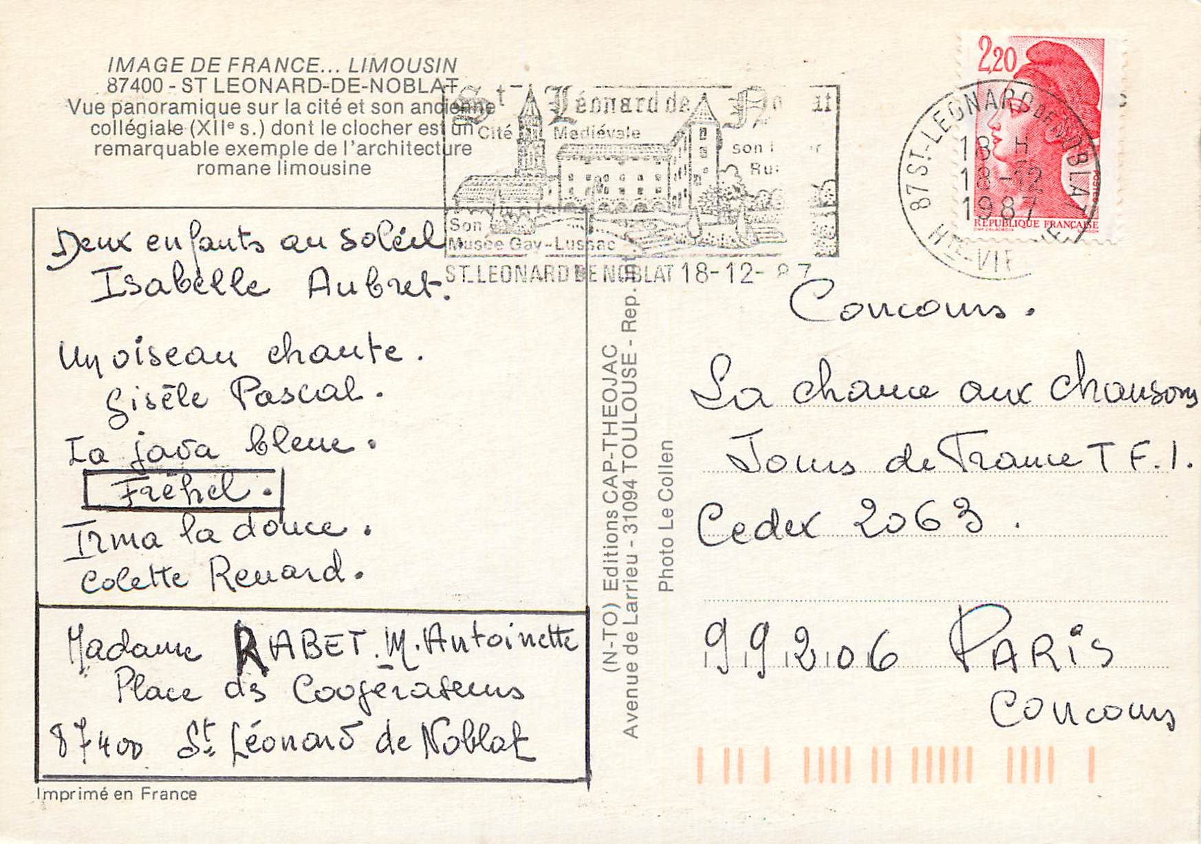 CPM Image de France Limousin St Leonard de Noblat — Rückseite