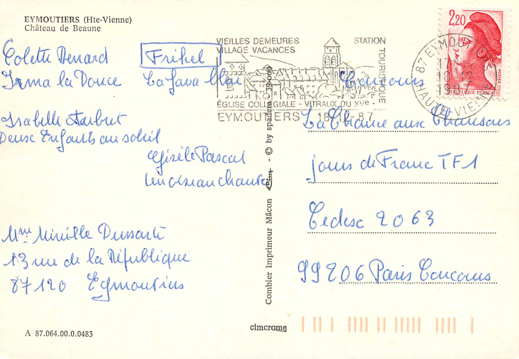CPM Eymoutiers Hte Vienne Chateau de Beaune — Back