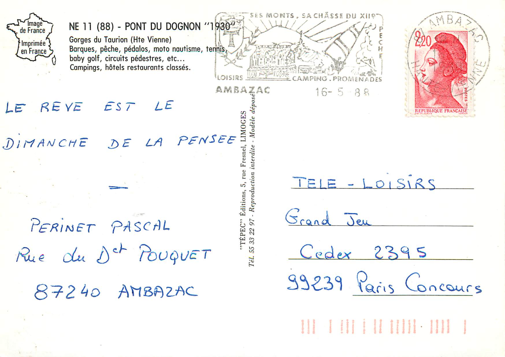 CPM Pont du Dognon Gorges du Taurion Hte Vienne — Rückseite