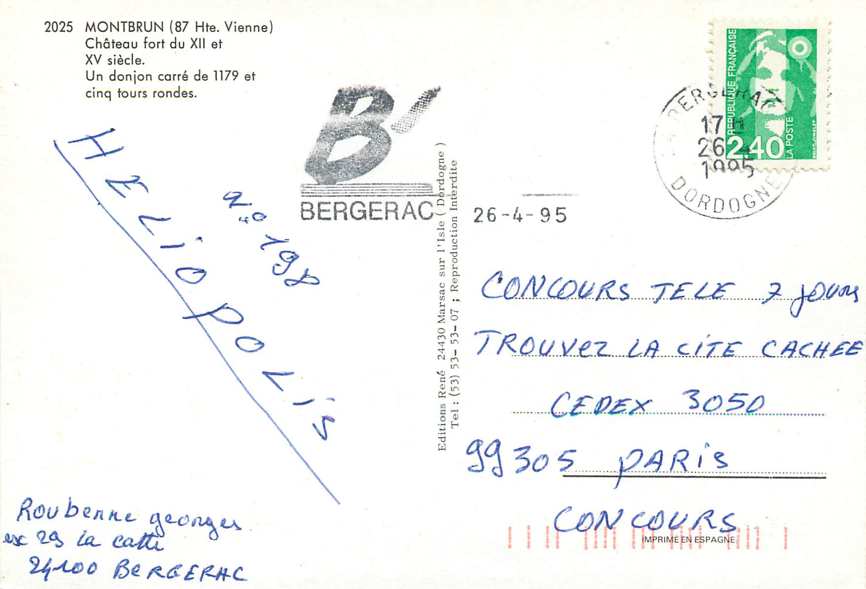 Château de Montbrun — fort du XIIe et XVe siècle, cinq tours rondes — Éditions René Bergerac, n°198 — Rückseite