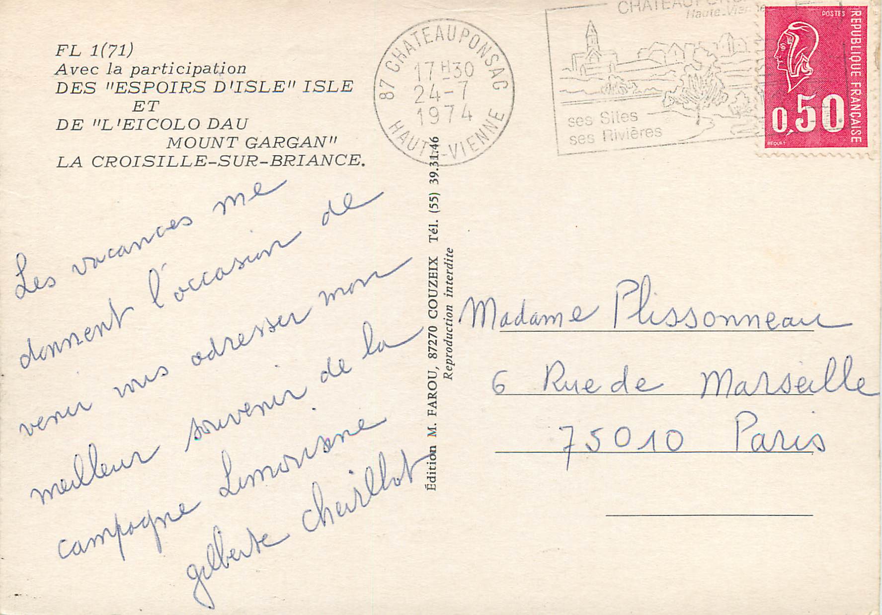 Folklores Limousins — Édition MJF — n° FL 1(71) — Verso