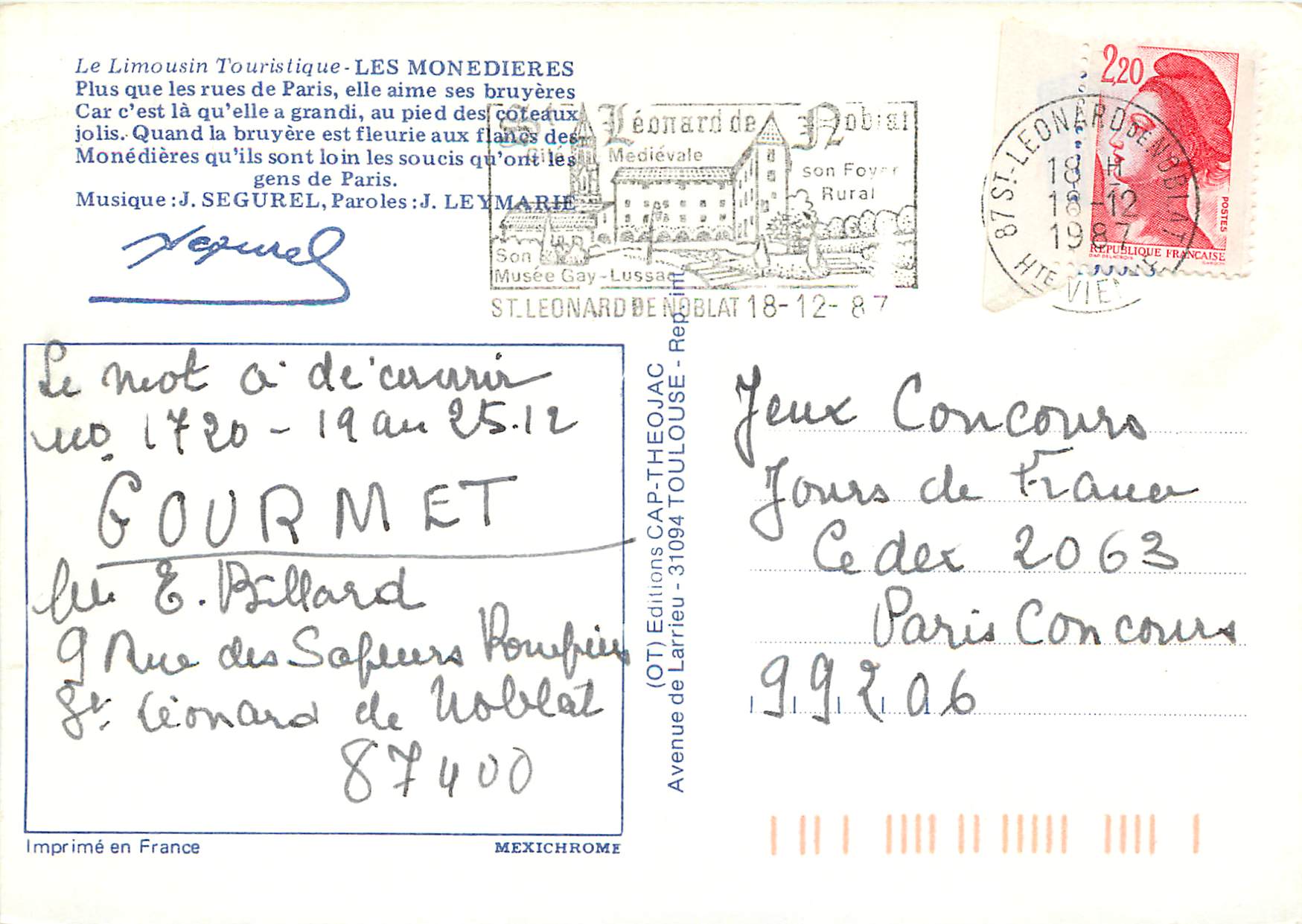 CPM Le Limousin Touristique Les Monedieres Chevre — Back