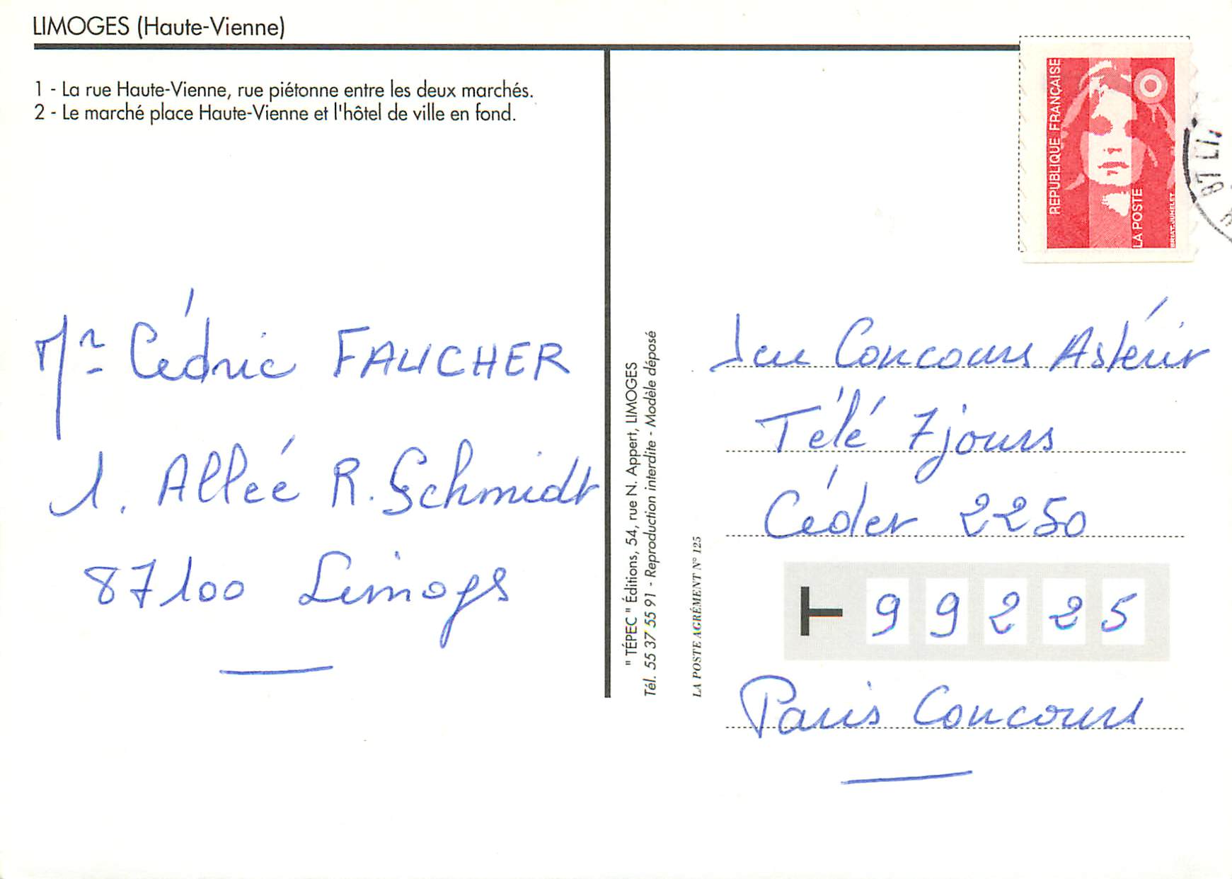 CPM Limoges Haute Vienne La rue Haute Vienne rue pietonne entre les deux marches Le marche place Haute Vienne et l hotel — Rückseite