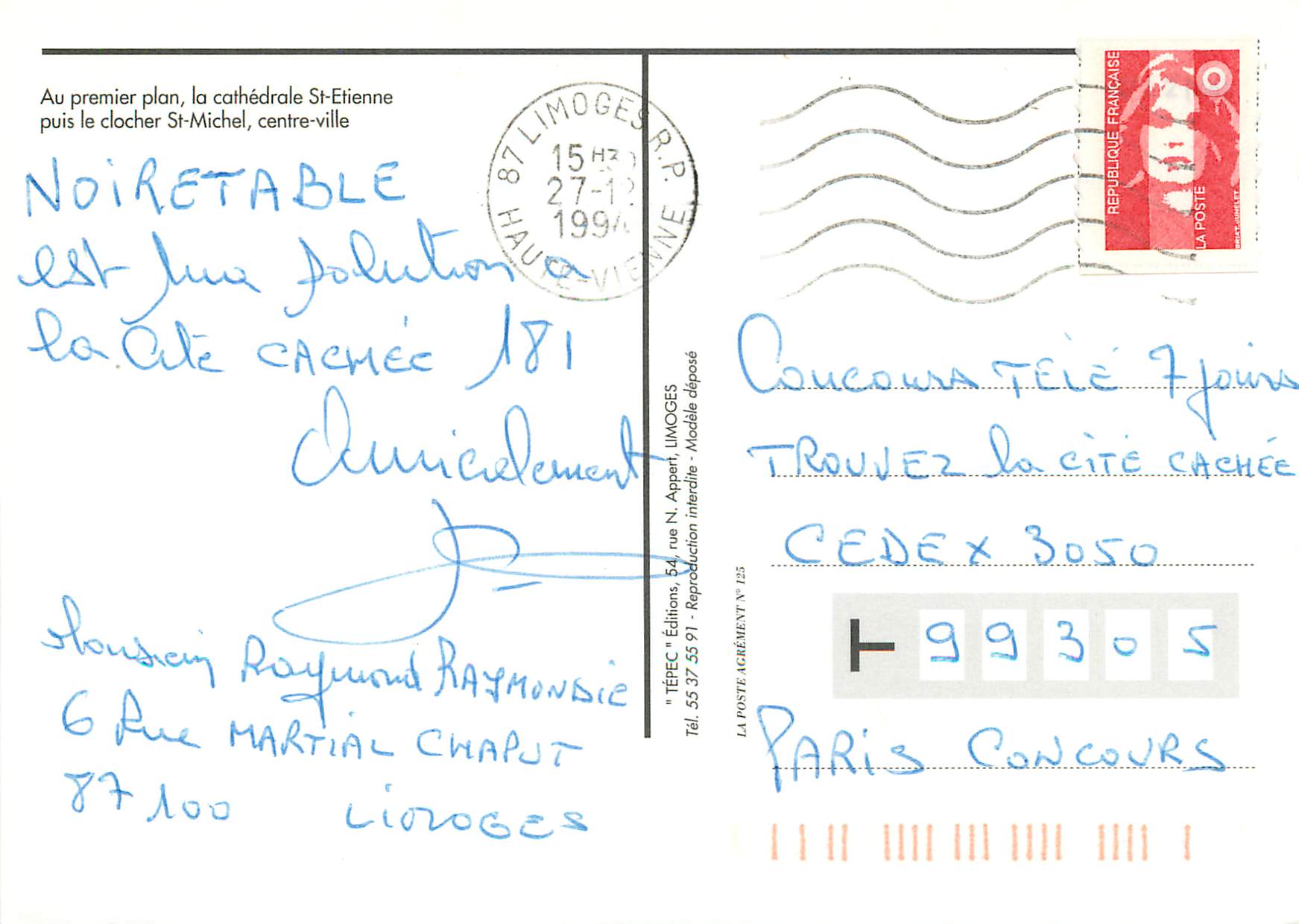 CPM Limoges une vue generale Au premiere plan la cathedrale St Etienne puis le cocher St Michel centre ville — Rückseite