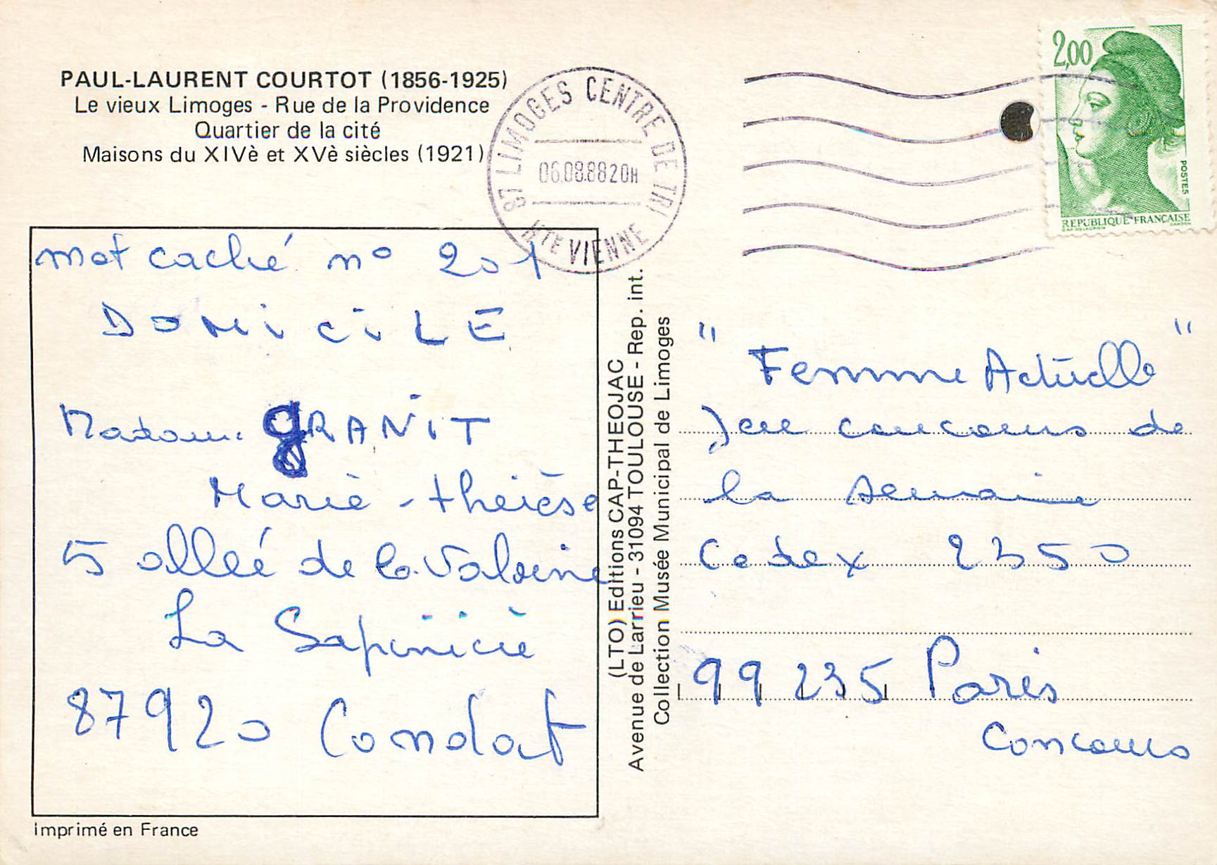CPM Paul Laurent Courtot Le vieux Limoges Rue de la Providence Quartier de la cite Maisons du xiv et xv e siecles — Rückseite