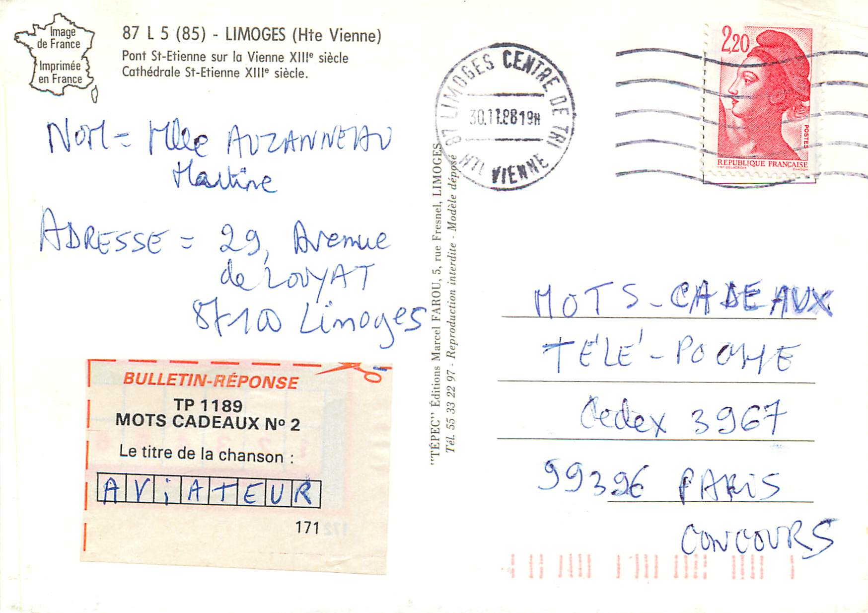 CPM Limoges Hte Vienne Pont St Etienne sur la Vienne xiii siecle Cathedrale S Etienne xiii siecle — Rückseite