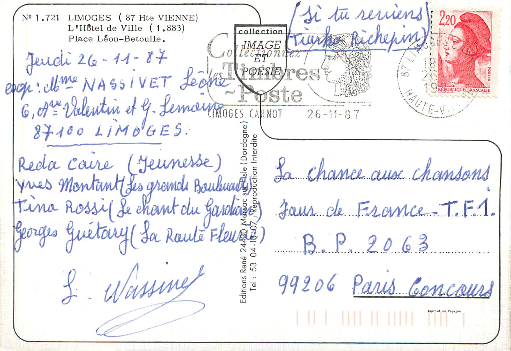 CPM Limoges Hte Vienne L Hotel de Ville Place Leon Betoulle — Rückseite