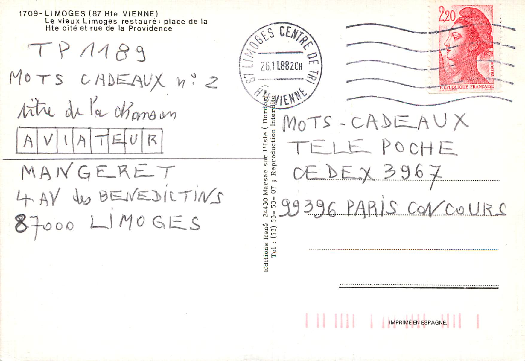 Limoges (87) — Wiederhergestelltes altes Limoges: Place de la Providence und Rue de la Providence — Editions René, n° TP 1189 — Rückseite