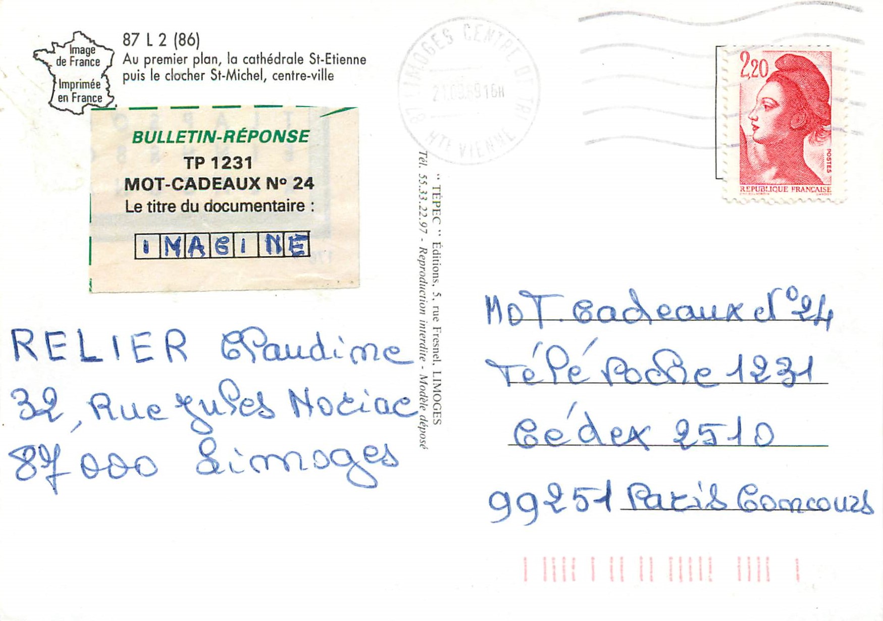 CPM Limoges une vue generale Au premier plan la cathedrale St Etienne puis le clocher St Michel centre ville — Rückseite