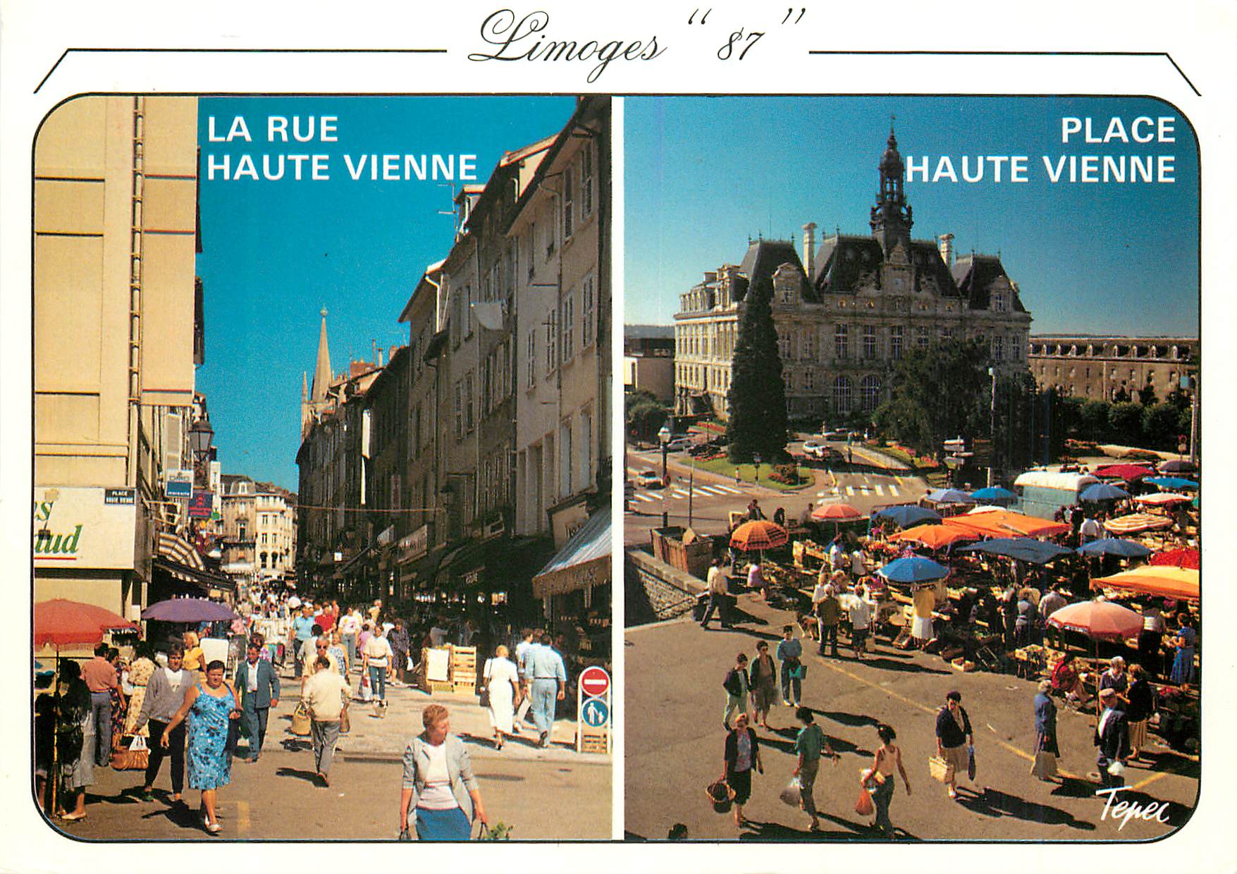 CPM Limoges Hte Vienne La rue Haute Vienne rue pietonne entre les deux marches Le marche place Haute Vienne et l Hotel d
