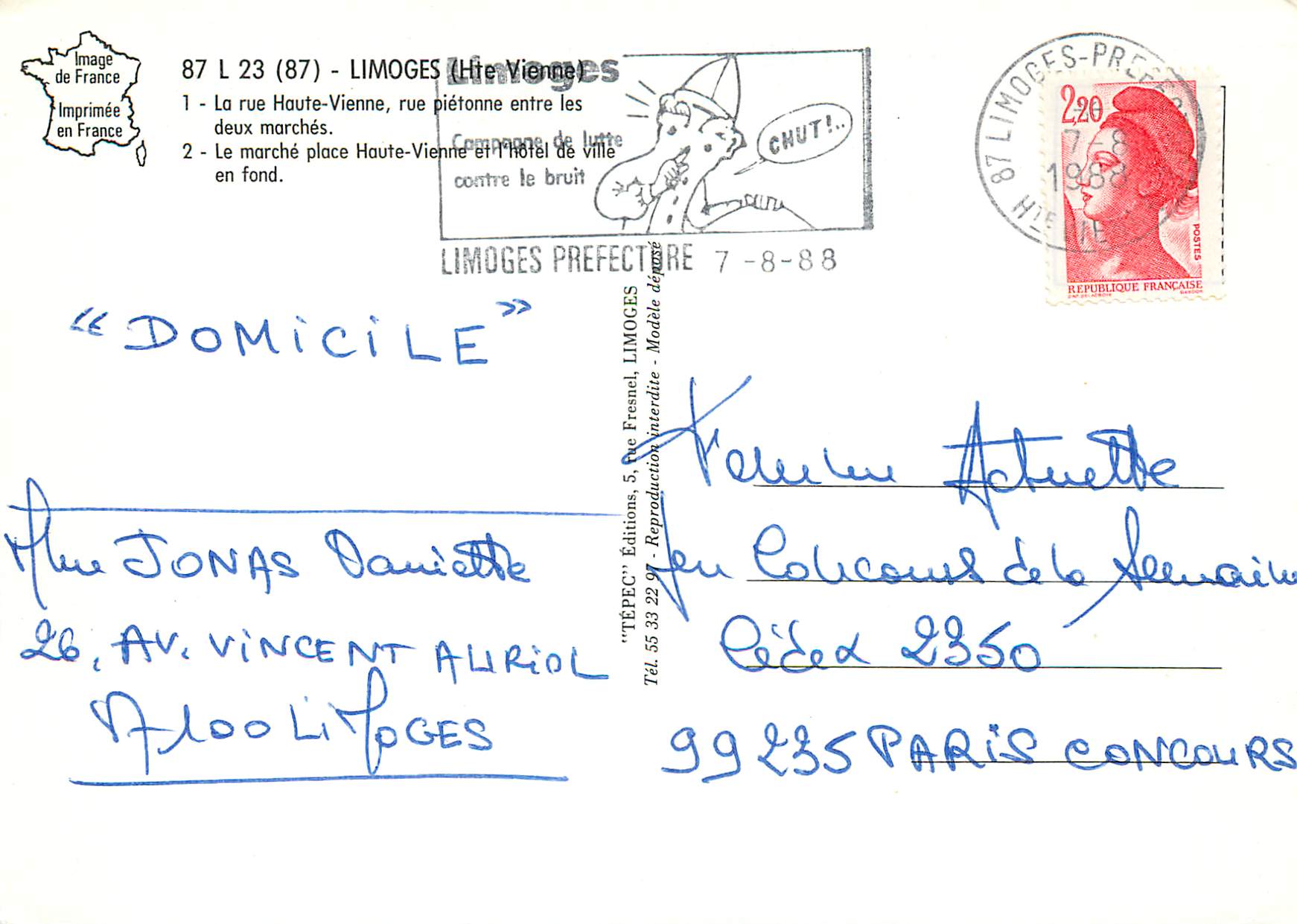 CPM Limoges Hte Vienne La rue Haute Vienne rue pietonne entre les deux marches Le marche place Haute Vienne et l Hotel d — Rückseite